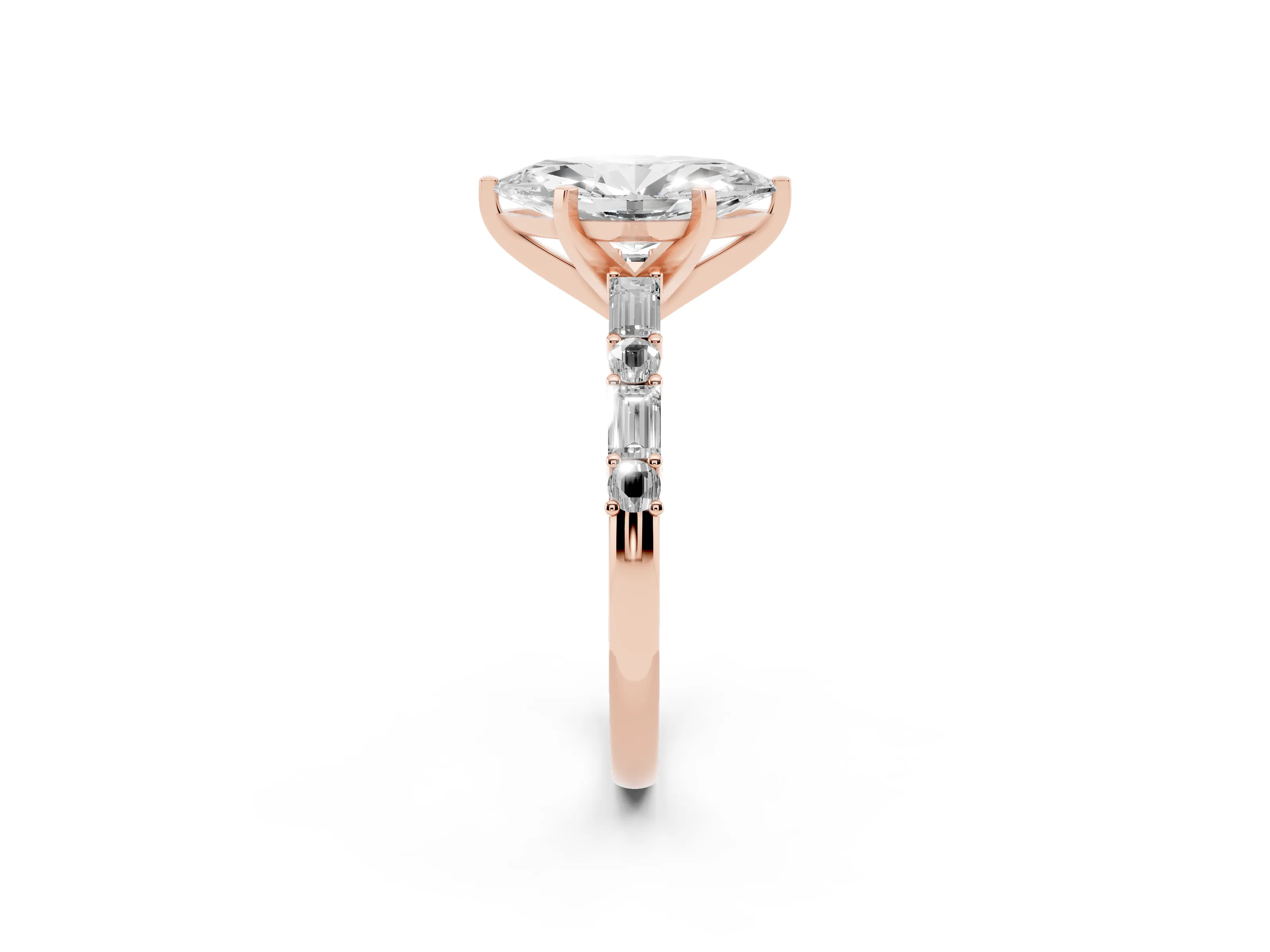 Marquise Cut Diamond Solitaire Set in Rose gold with Side Baguettes and Channel Set Band