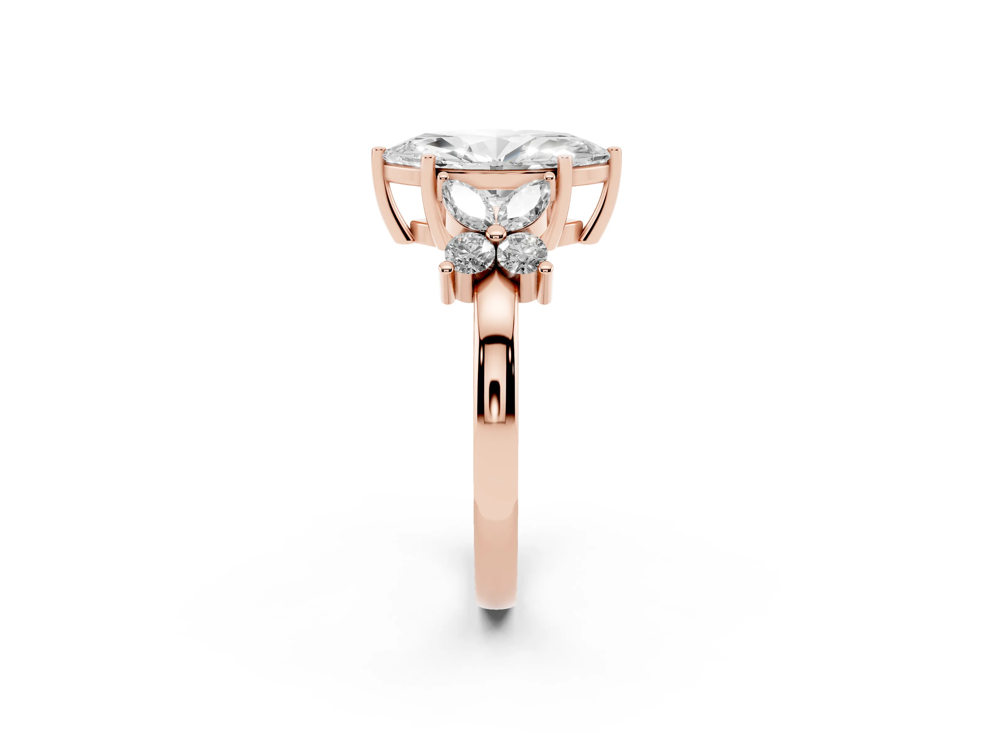 Marquise Cut Diamond Floral Cluster Ring Set in Rose gold with Marquise Petals and Prong Setting