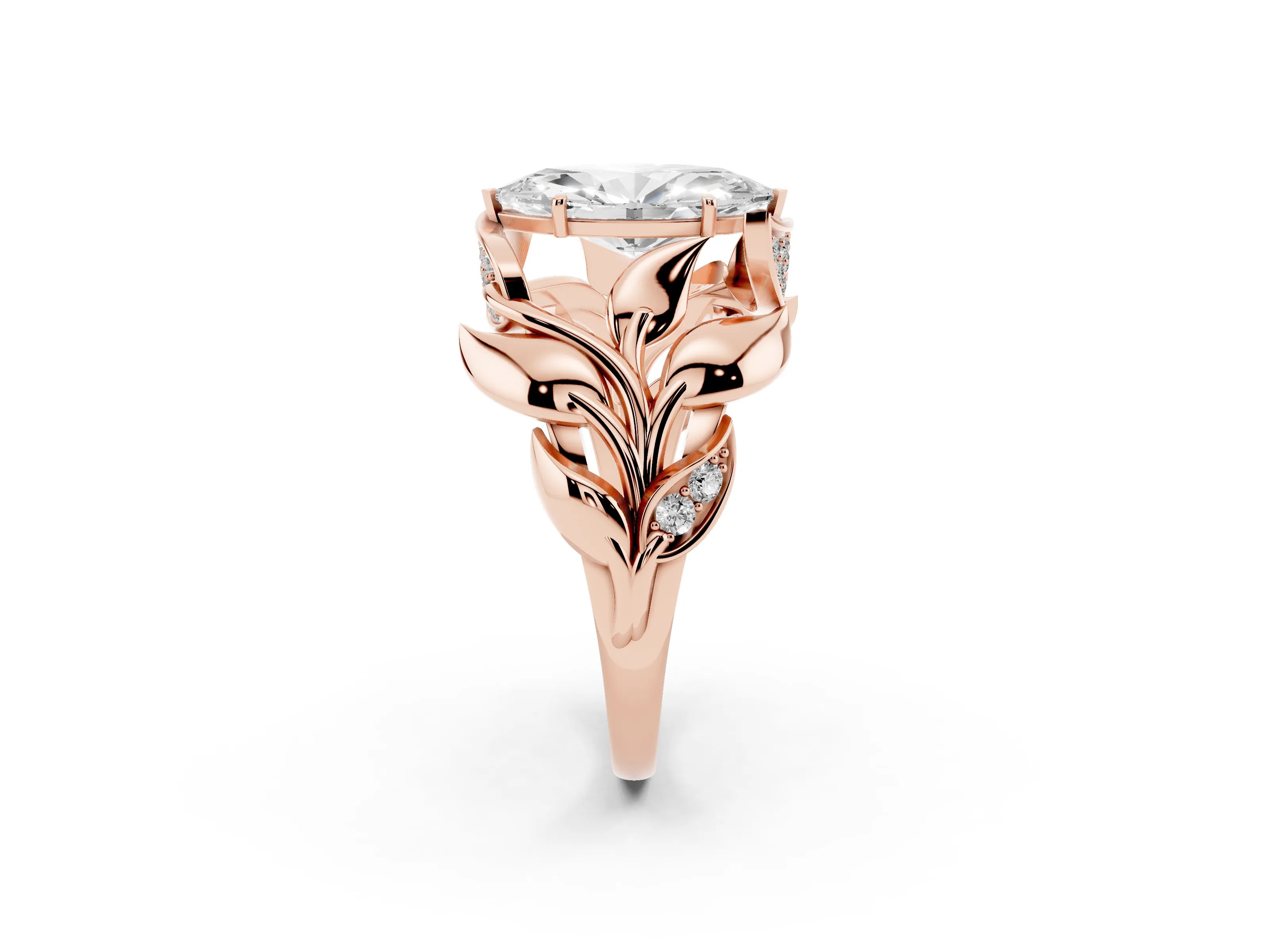 Marquise Cut Diamond Leaf-Inspired Engagement Ring Set in Rose gold with Round Accents