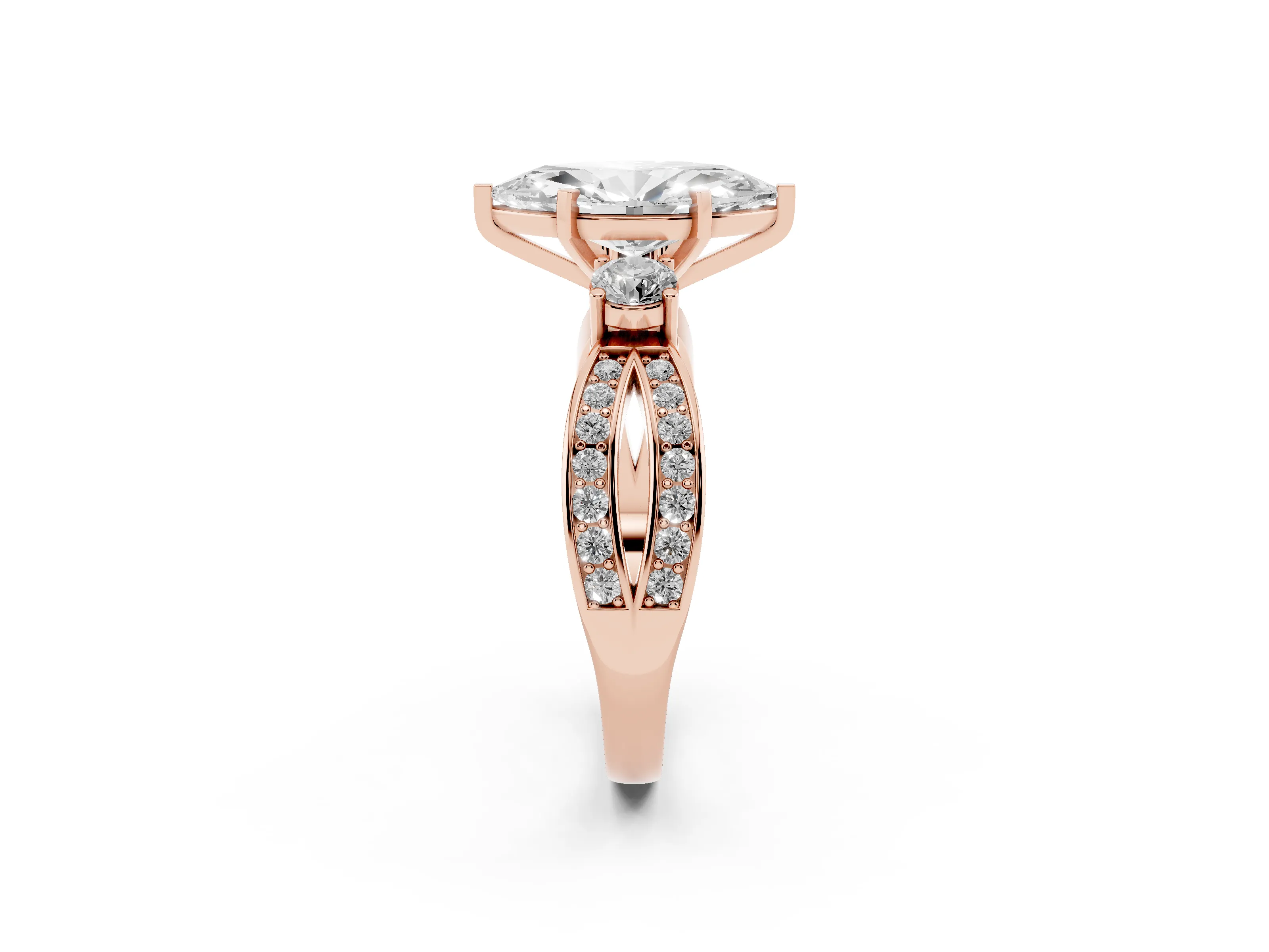 Three-Stone Marquise Cut Diamond Twist Band Ring Set in Rose gold with Pavé Accents and Prong Setting
