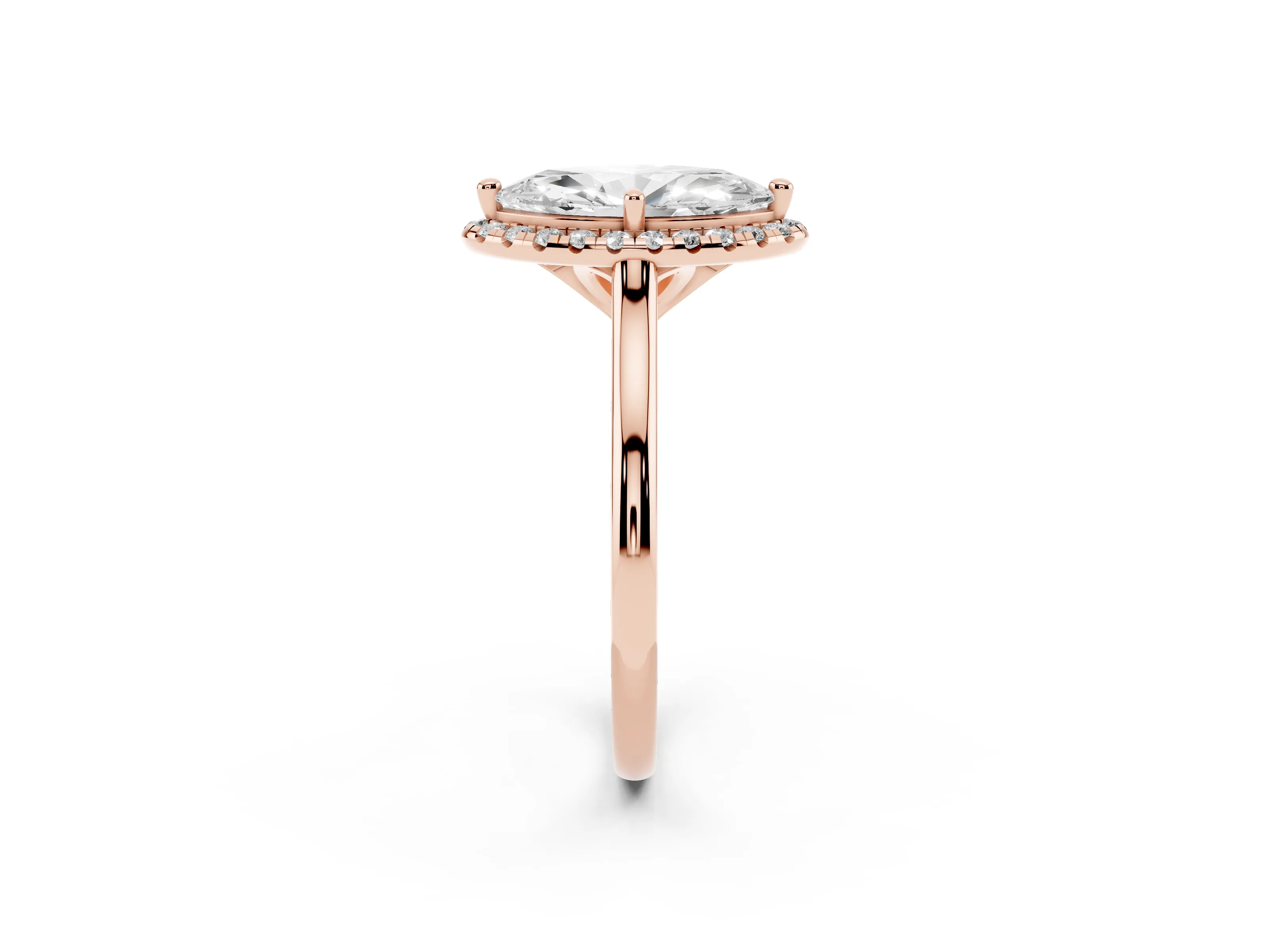 Marquise Cut Diamond Halo Engagement Ring Set in Rose gold with Pavé Band and Rising Shoulders