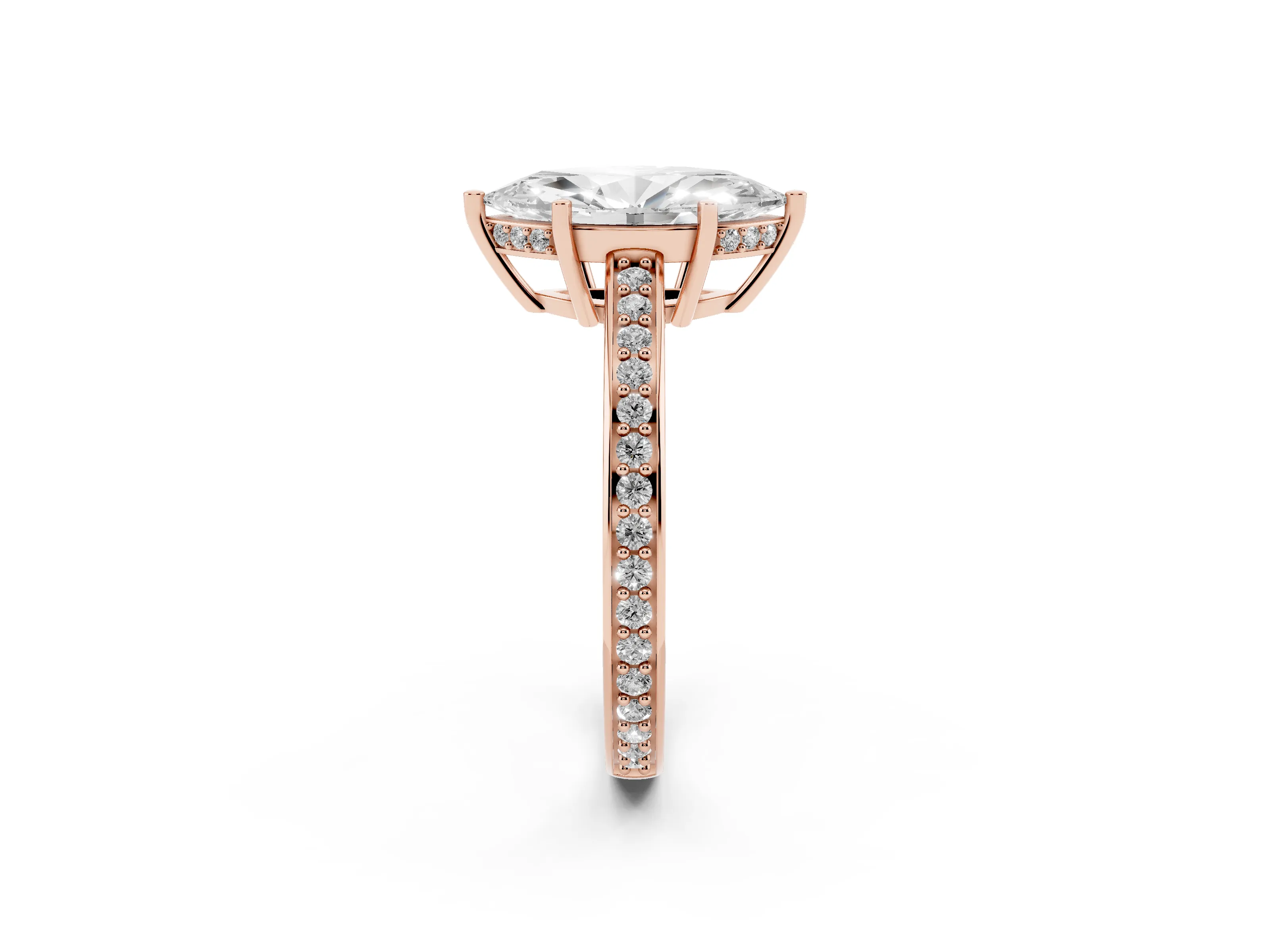 Marquise Cut Diamond Pavé Band Prong Set Solitaire Ring Set in Rose gold