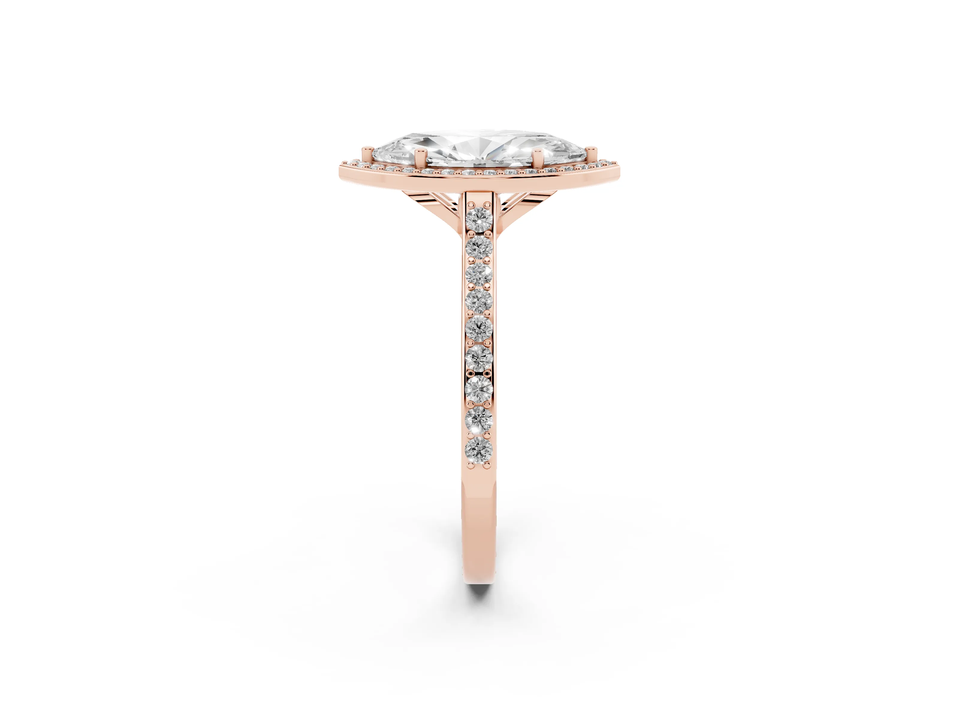 Marquise Cut Diamond Halo Engagement Ring Set in Rose gold with Round Pavé Shoulders and Heart Gallery