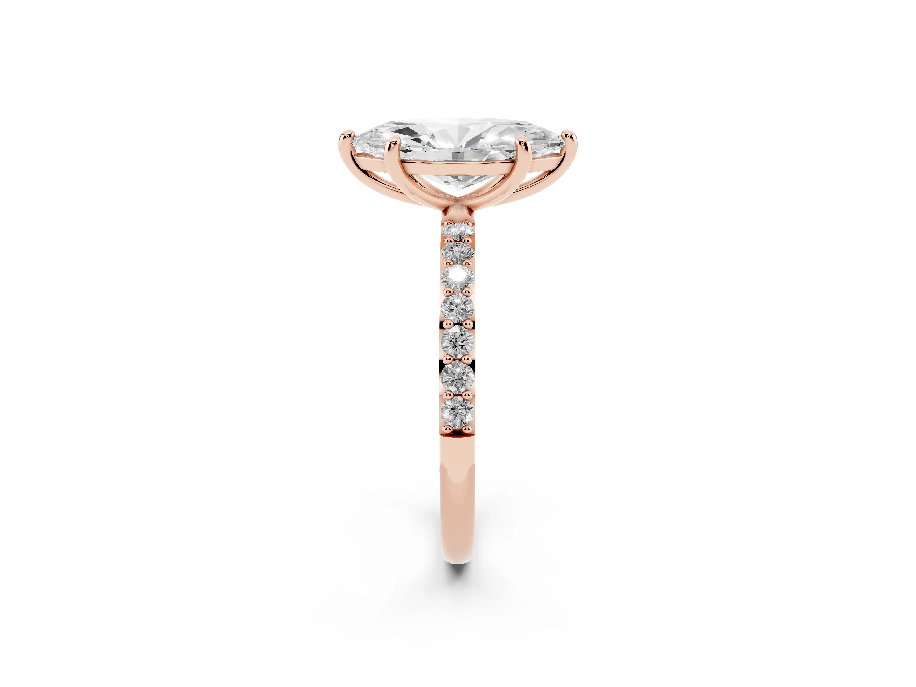 Marquise Cut Diamond Solitaire Ring Set in Rose gold with Round Pavé Band and Prong Setting