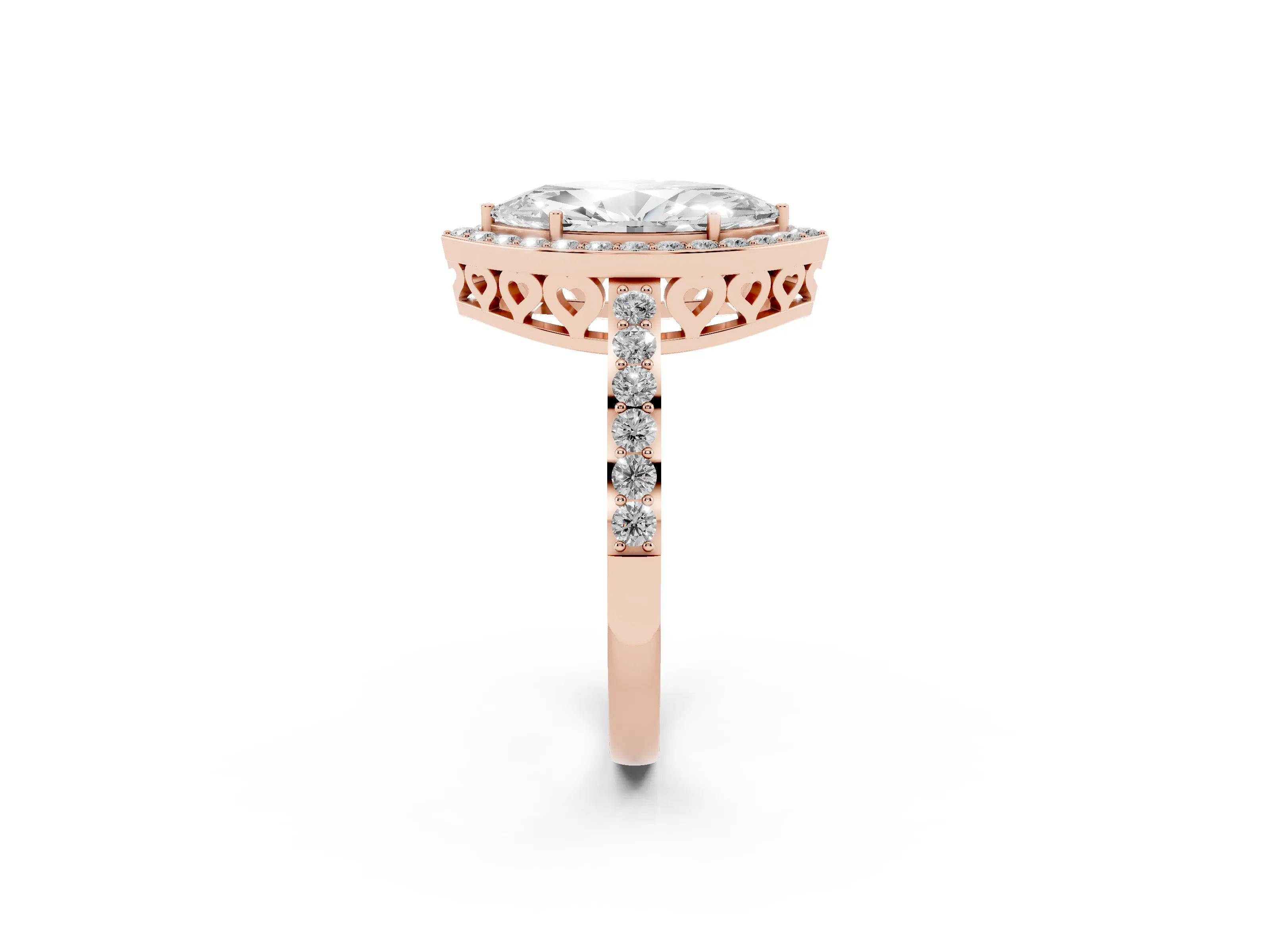 Marquise Cut Diamond Halo Ring Set in Rose gold with Pavé-Setting Band and Open Prong Center
