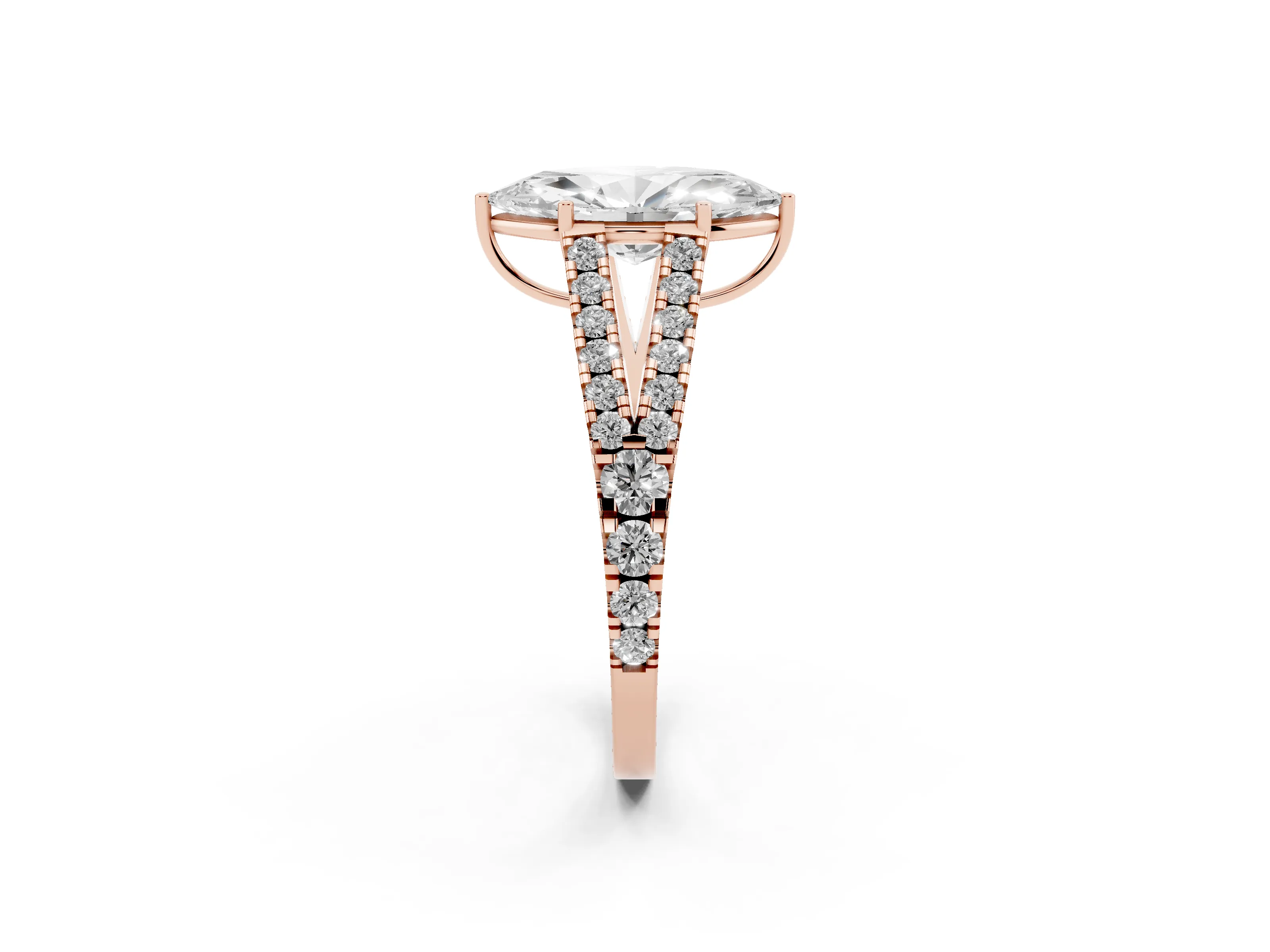 Marquise Cut Diamond Split Shank Pavé Engagement Ring Set in Rose gold with Prong-Held Center Stone