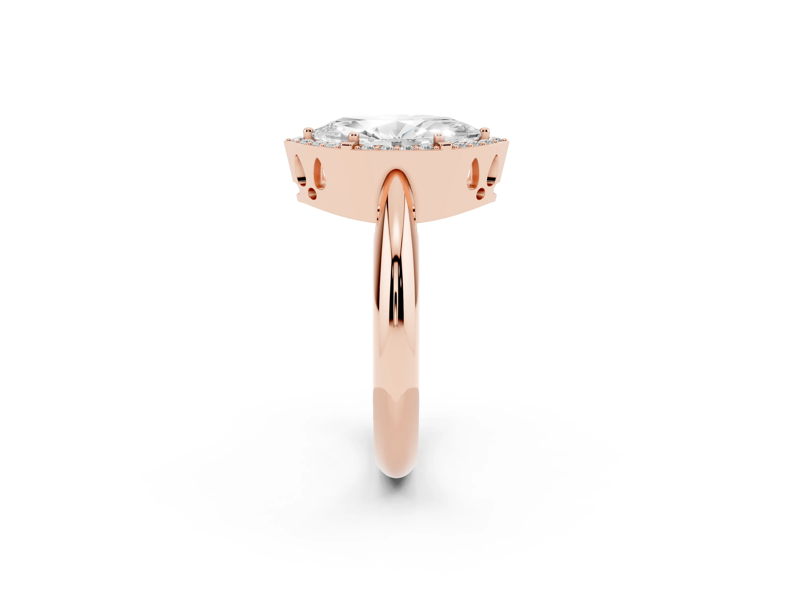 Marquise Cut Diamond Halo Engagement Ring Set in Rose gold with Plain Split Shank and Prong Setting