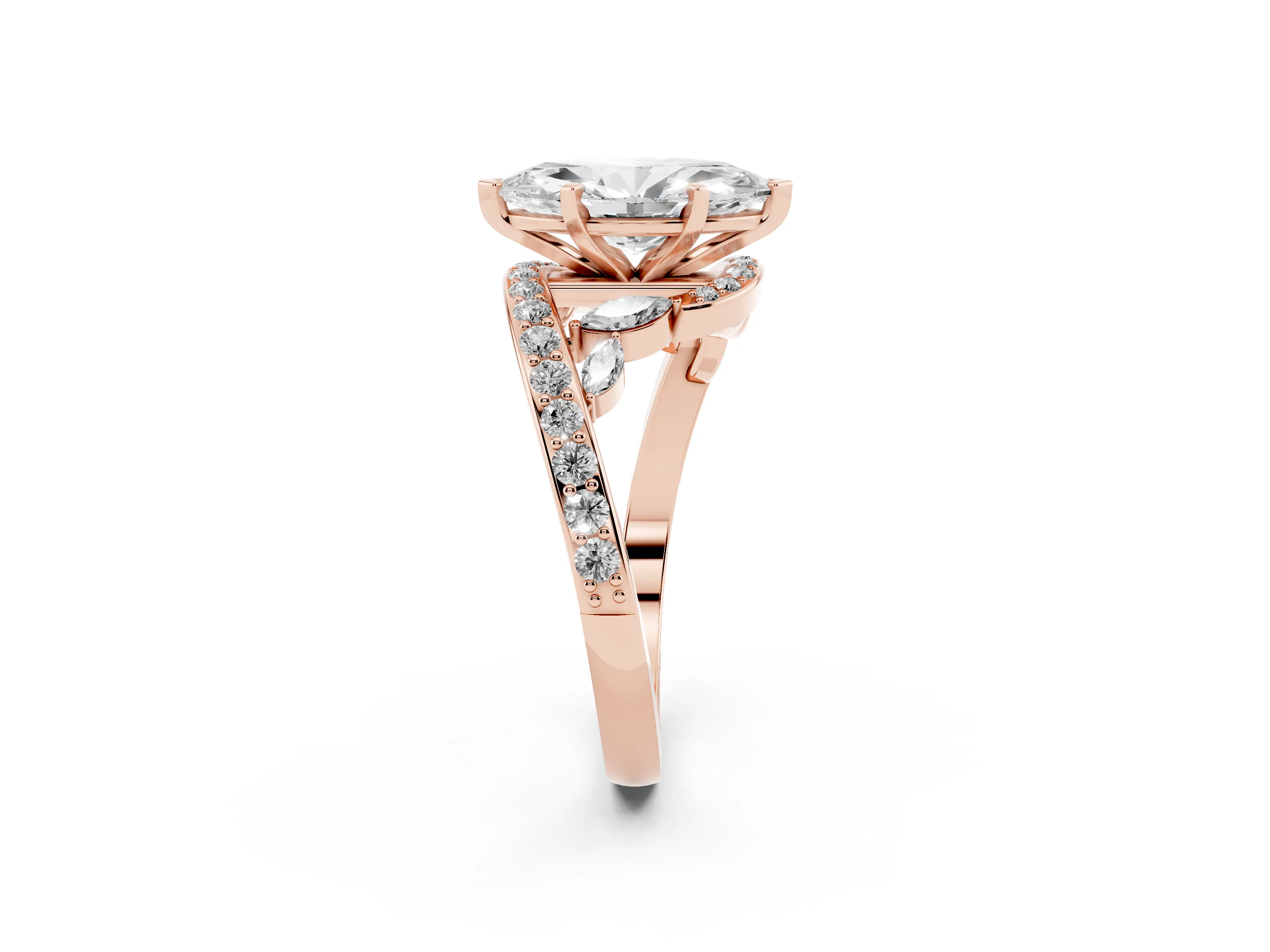 Marquise Cut Diamond Solitaire Ring Set in Rose gold with Pavé Twist Band and Secure Prong Setting