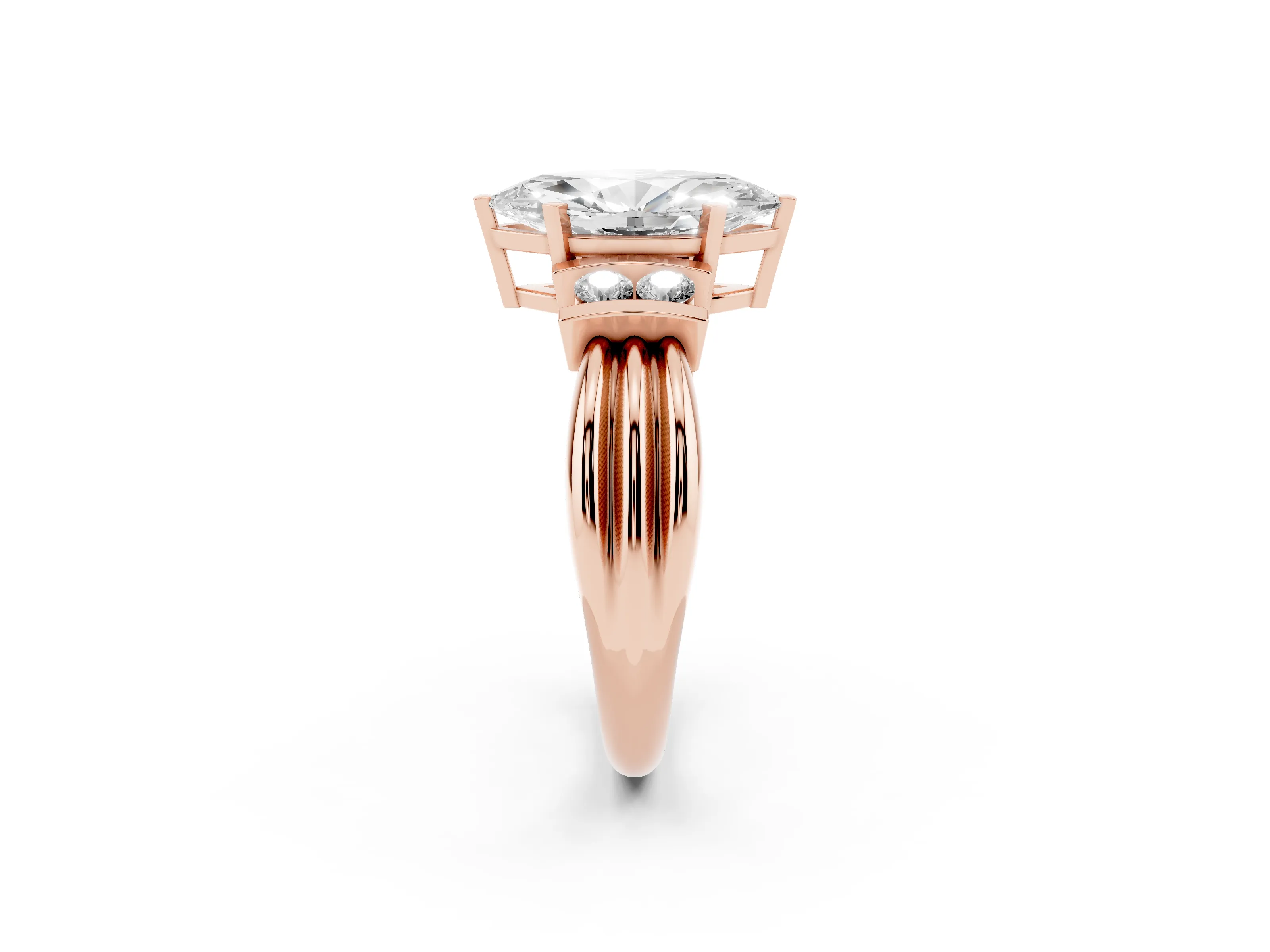 Three-Stone Marquise Cut Diamond Channel Set Ring Set in Rose gold with Bar Prongs