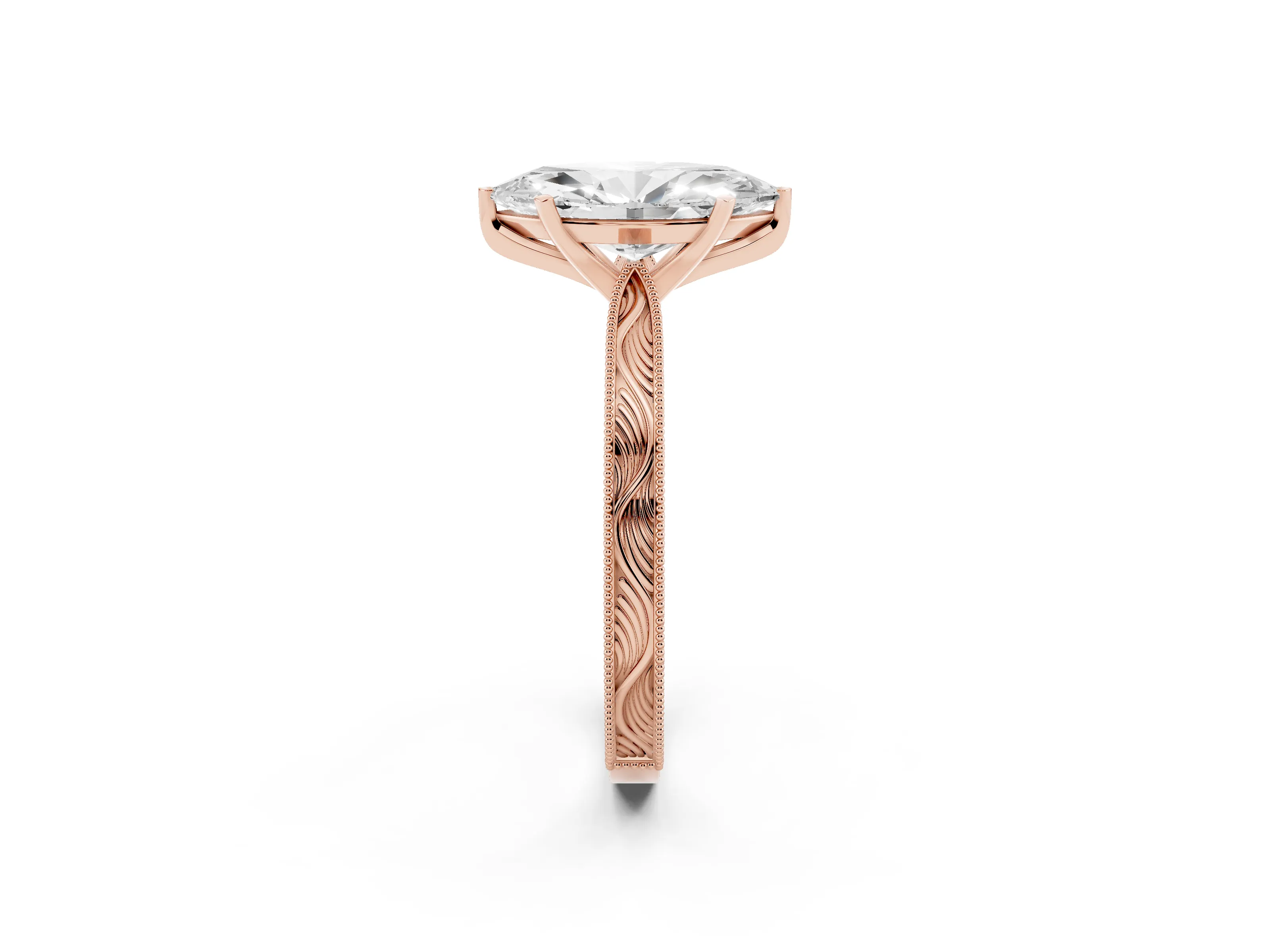 Marquise Cut Diamond Solitaire Milgrain Engraved Band Set in Rose gold with Prong Setting