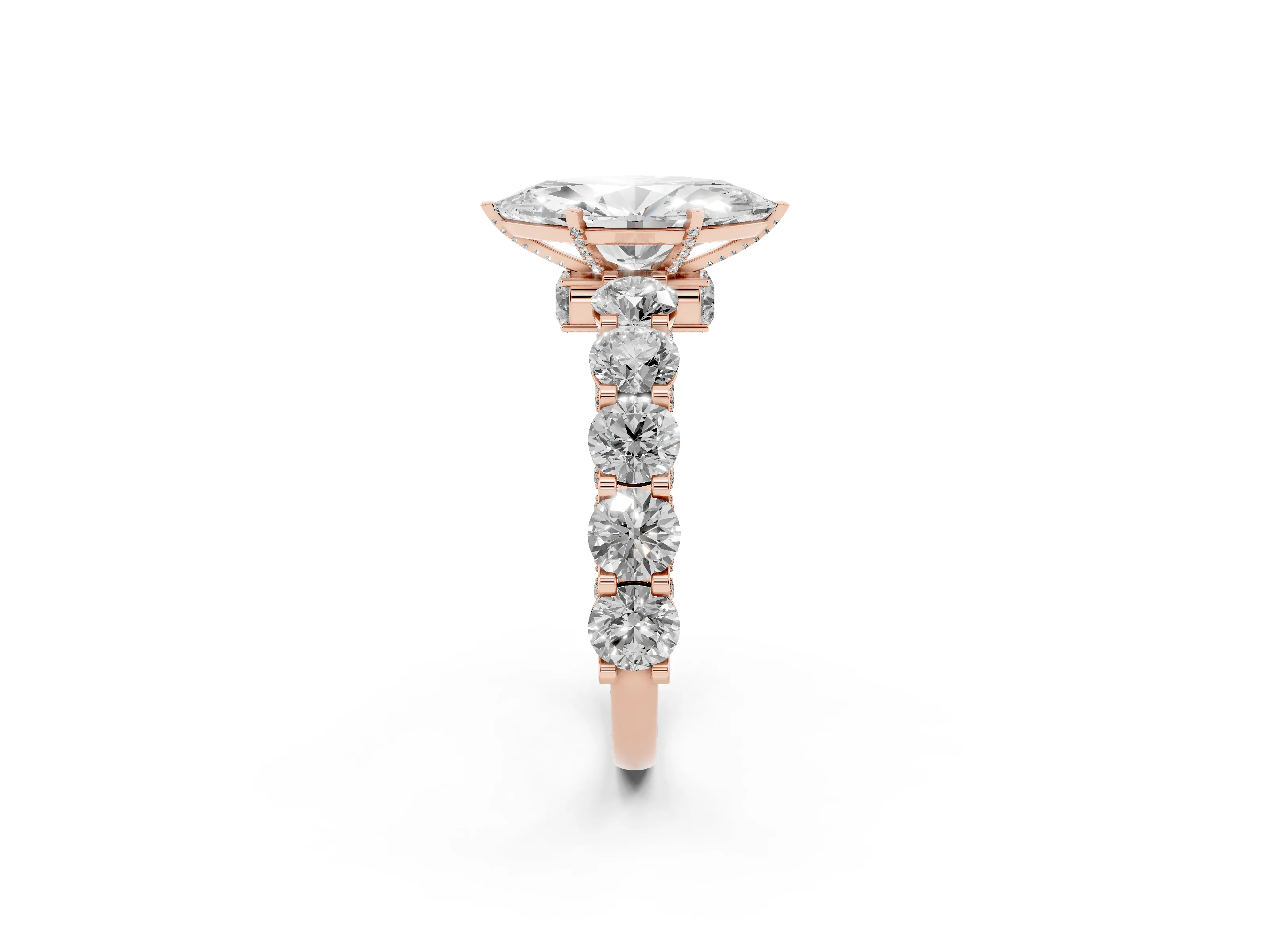 Marquise Cut Diamond Side Stone Ring Set in Rose gold with Alternating Round and Oval Side Stones