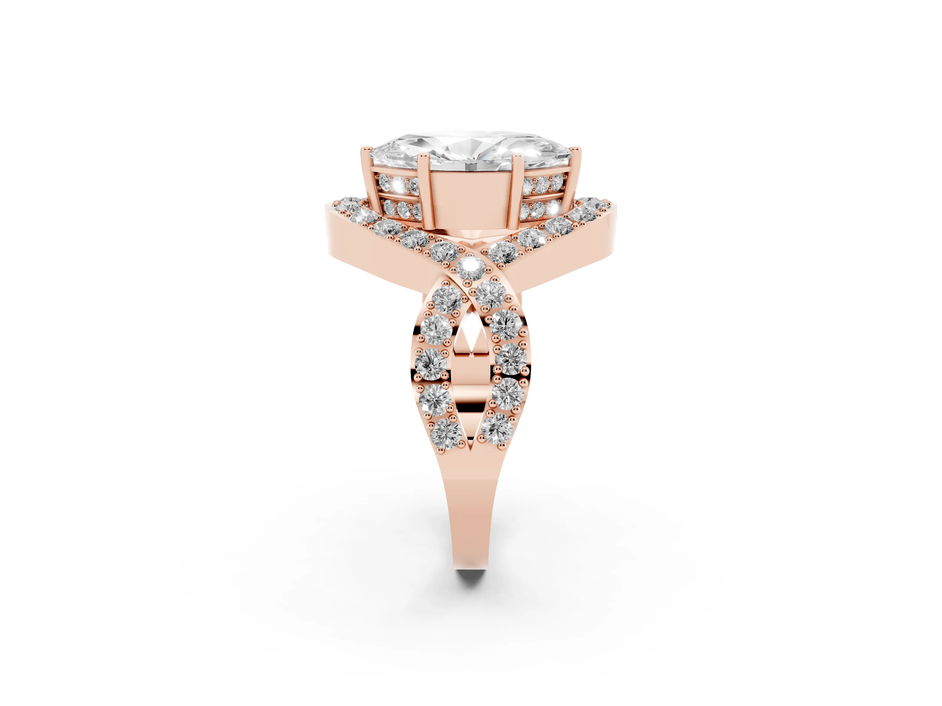 Marquise Cut Diamond Solitaire Twist Band Pavé Engagement Ring Set in Rose gold