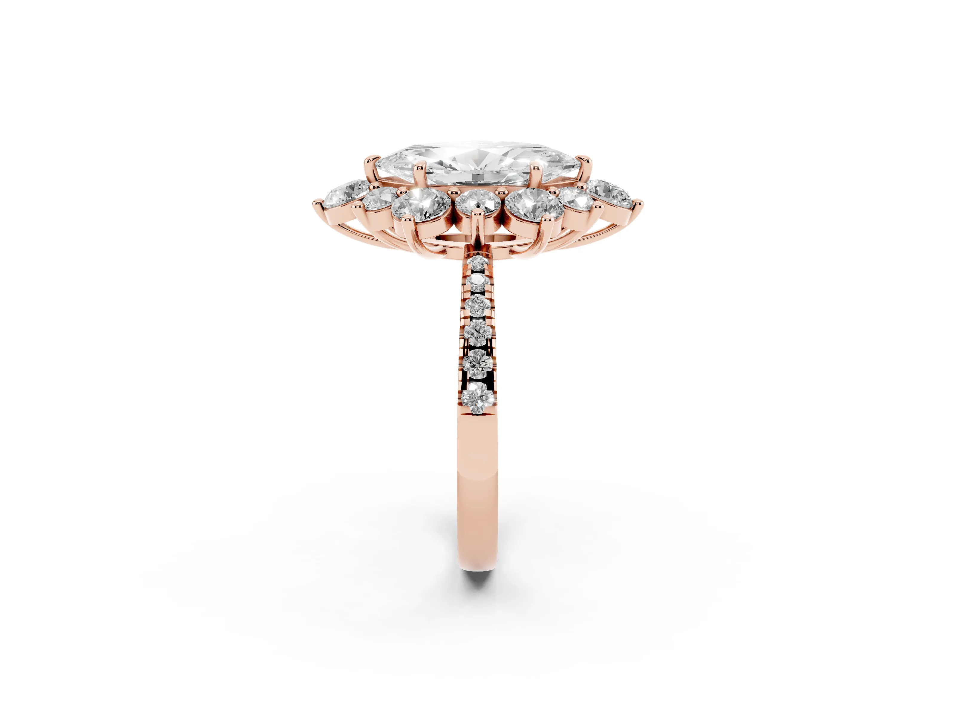 Marquise Cut Diamond Floral Halo Ring Set in Rose gold with Round Pavé Band and Prong Setting