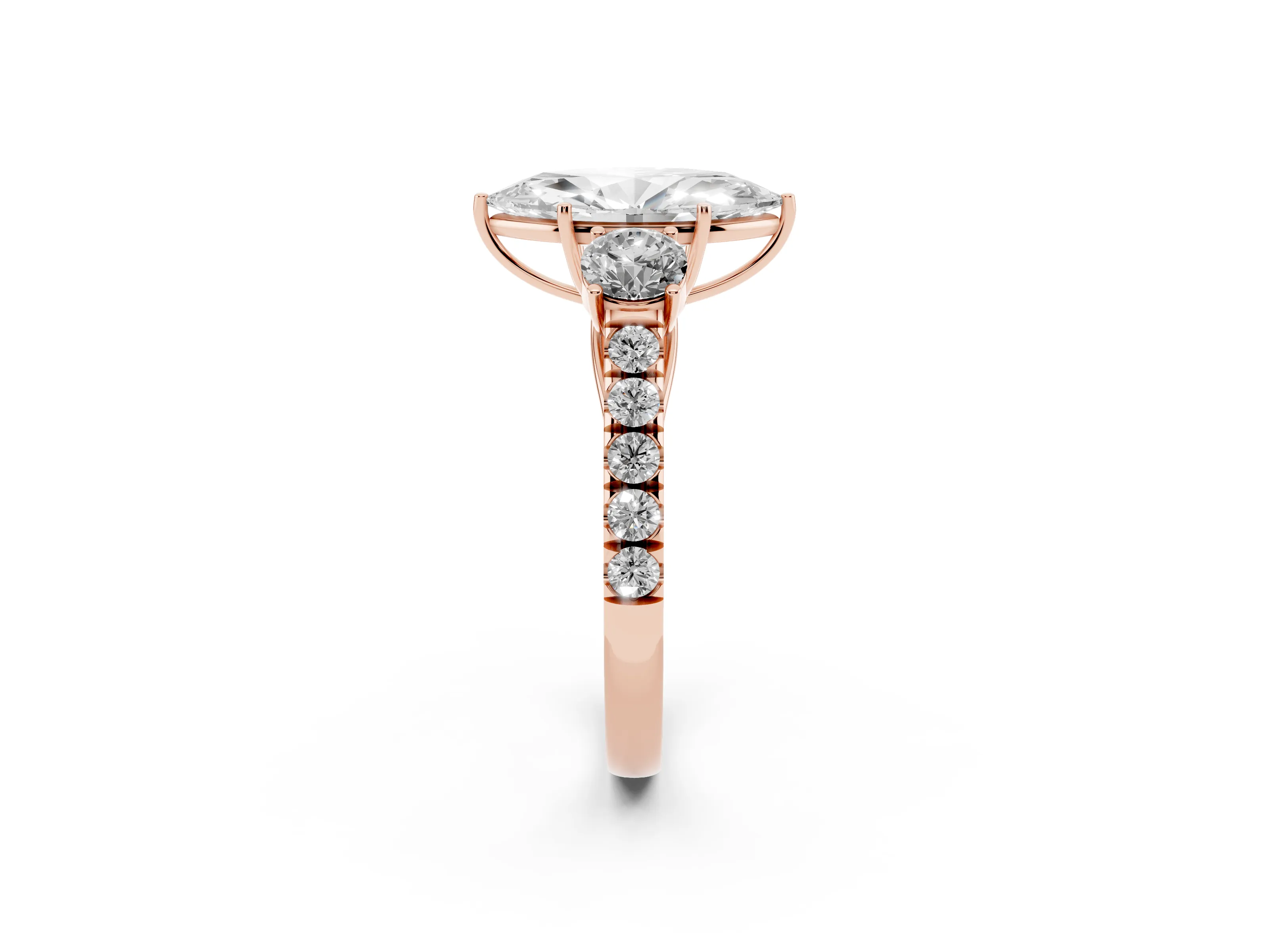Marquise Cut Diamond Three-Stone Ring Set in Rose gold with Round Side Stones and Delicate Pavé Band