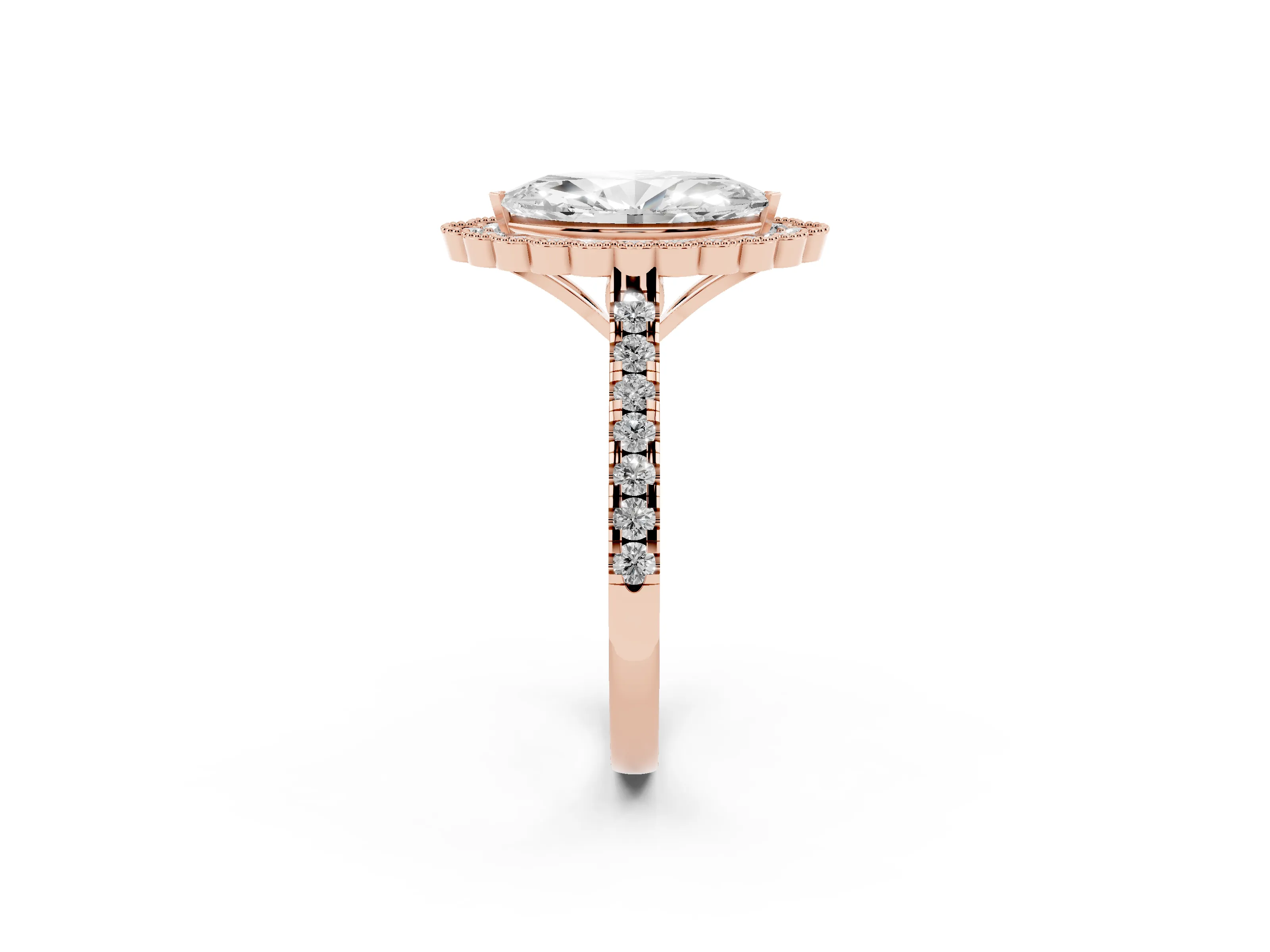 Marquise Cut Diamond Milgrain Floral Halo Engagement Ring Set in Rose gold with Pavé Band