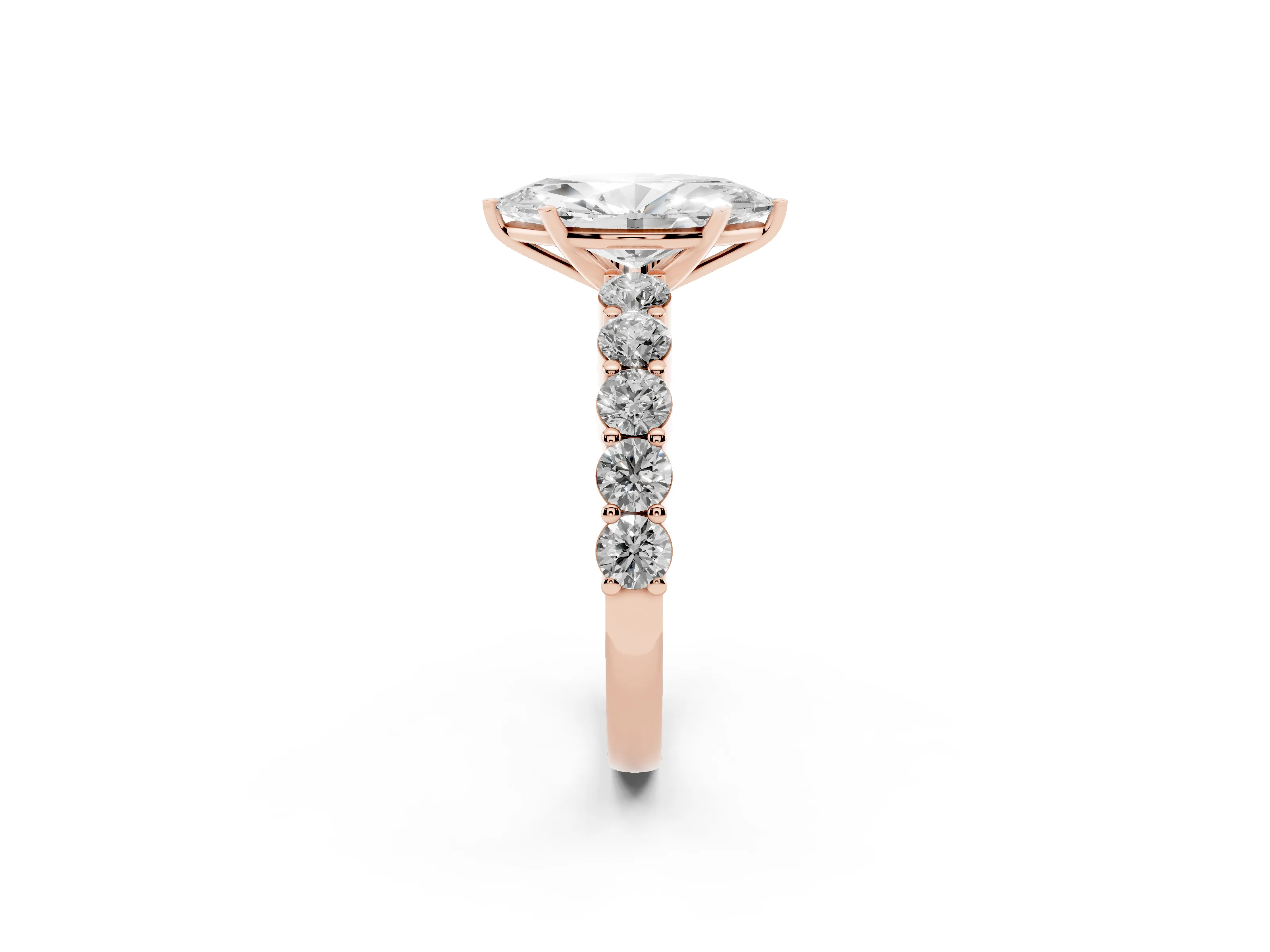Marquise Cut Diamond Solitaire Ring Set in Rose gold with Shared Prong Round Side Stones