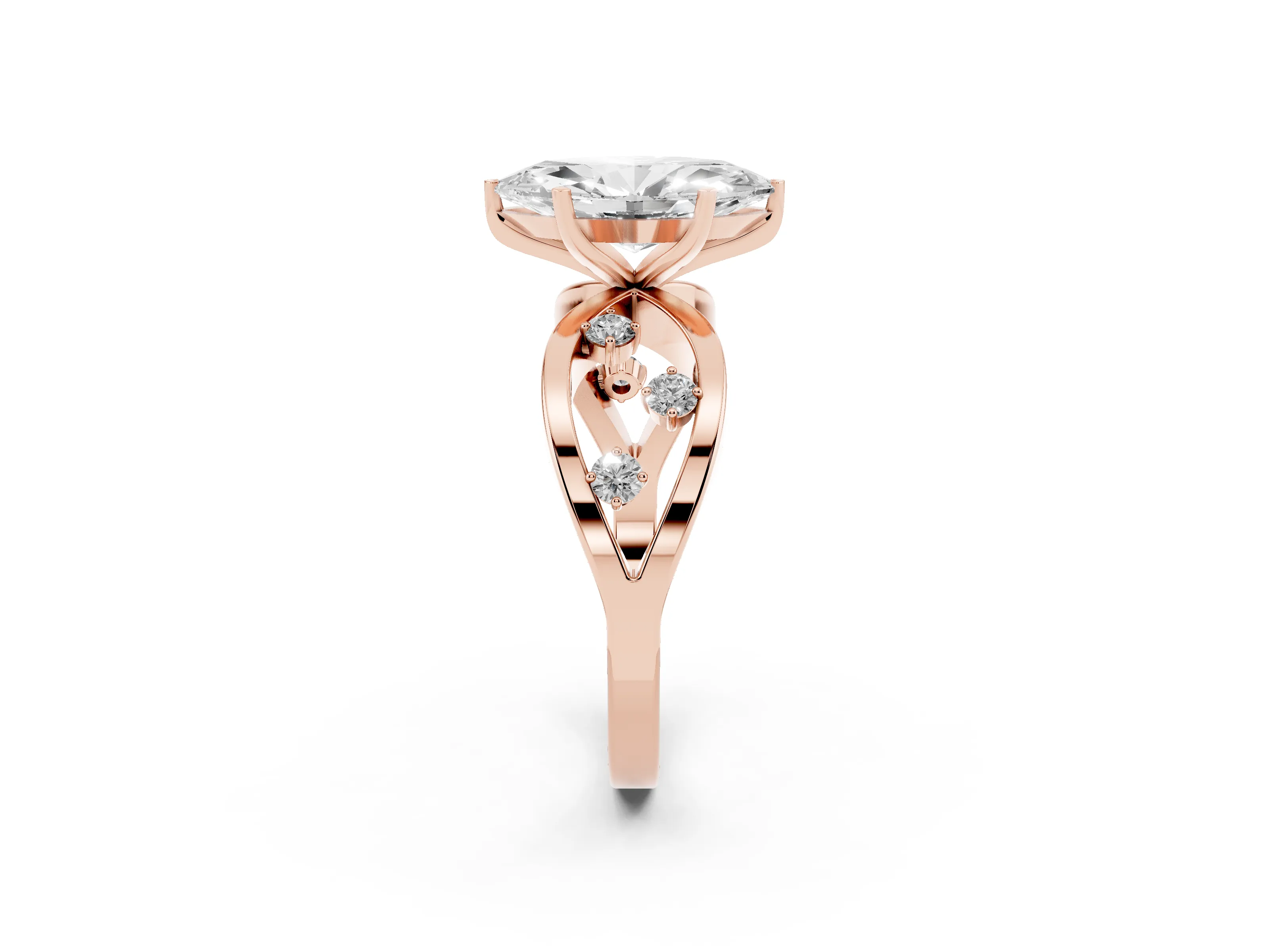 Marquise Cut Diamond Solitaire Ring Set in Rose gold with Side Stones on Criss-Cross Band and Prong Setting