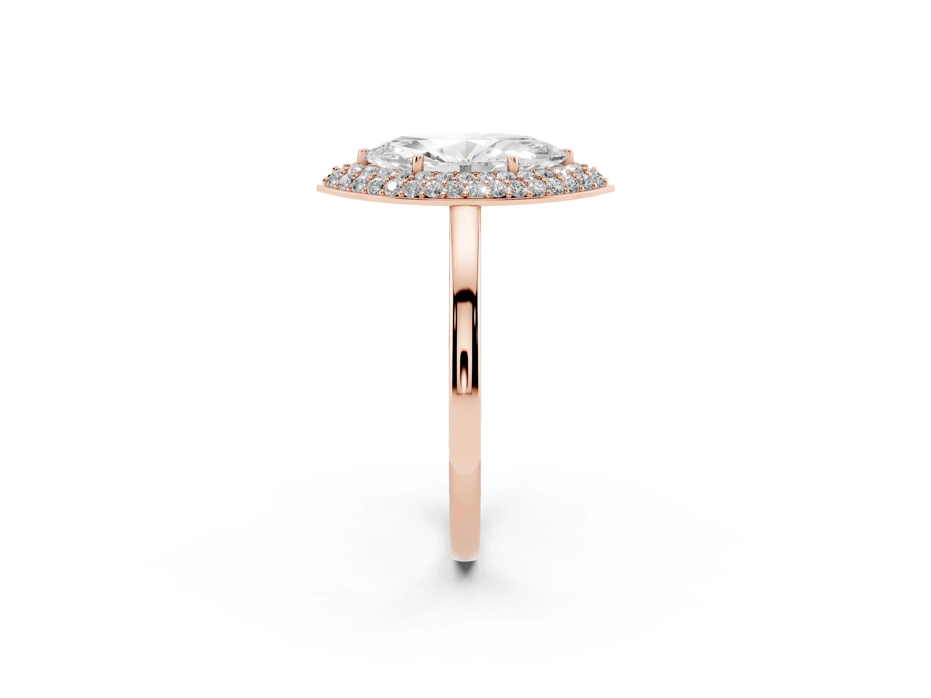 Marquise Cut Diamond Halo Engagement Ring Set in Rose gold with Solitaire Band and Prong Setting