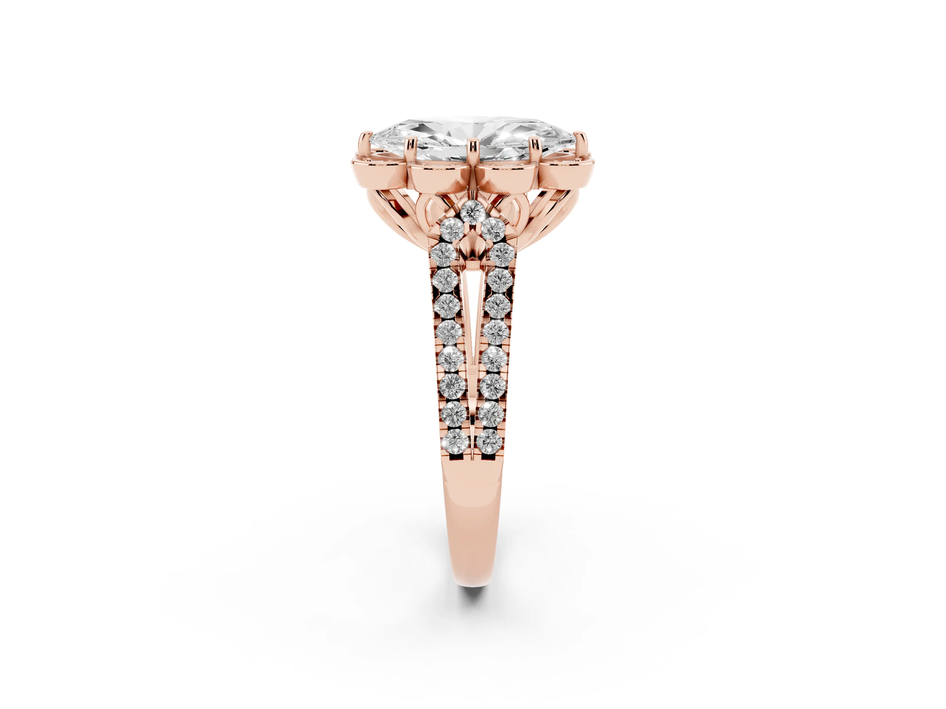 Marquise Cut Diamond Floral Halo Split Shank Engagement Ring Set in Rose gold with Pavé Shank