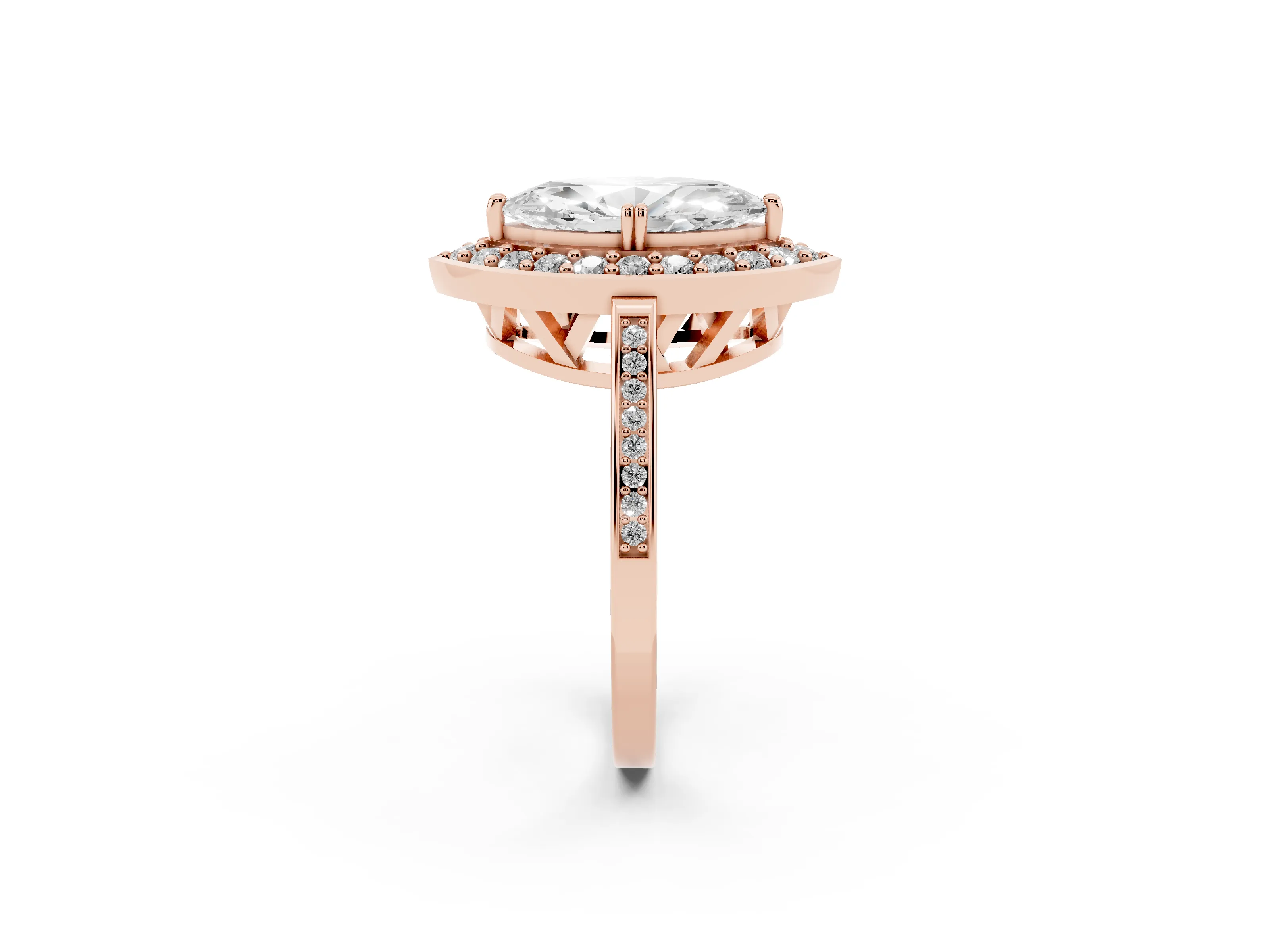 Marquise Cut Diamond Halo Ring Set in Rose gold with Accent-Lined Split Shank and Prong Setting