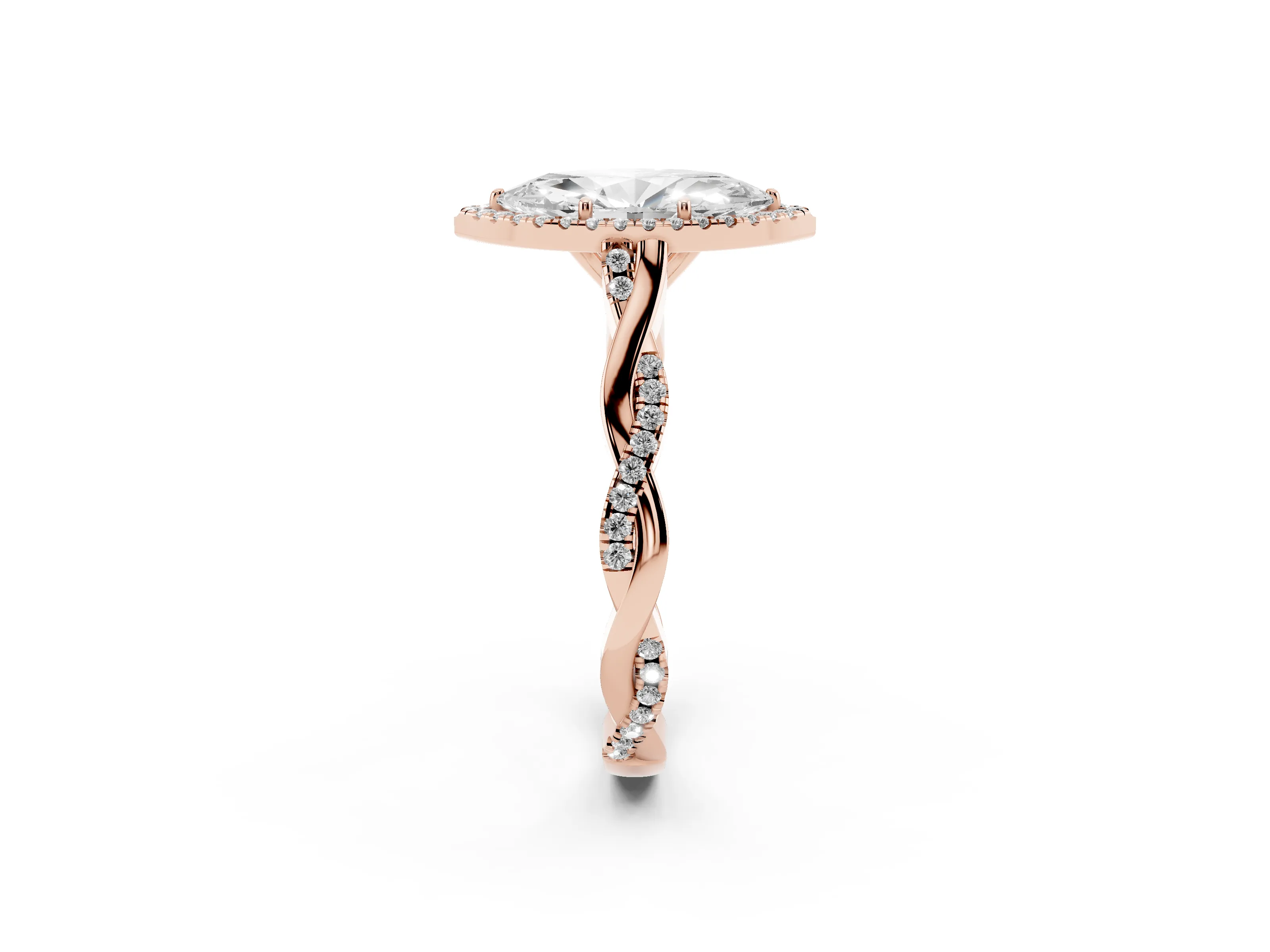Marquise Cut Diamond Halo Twist Band Solitaire Ring Set in Rose gold with Prong Setting