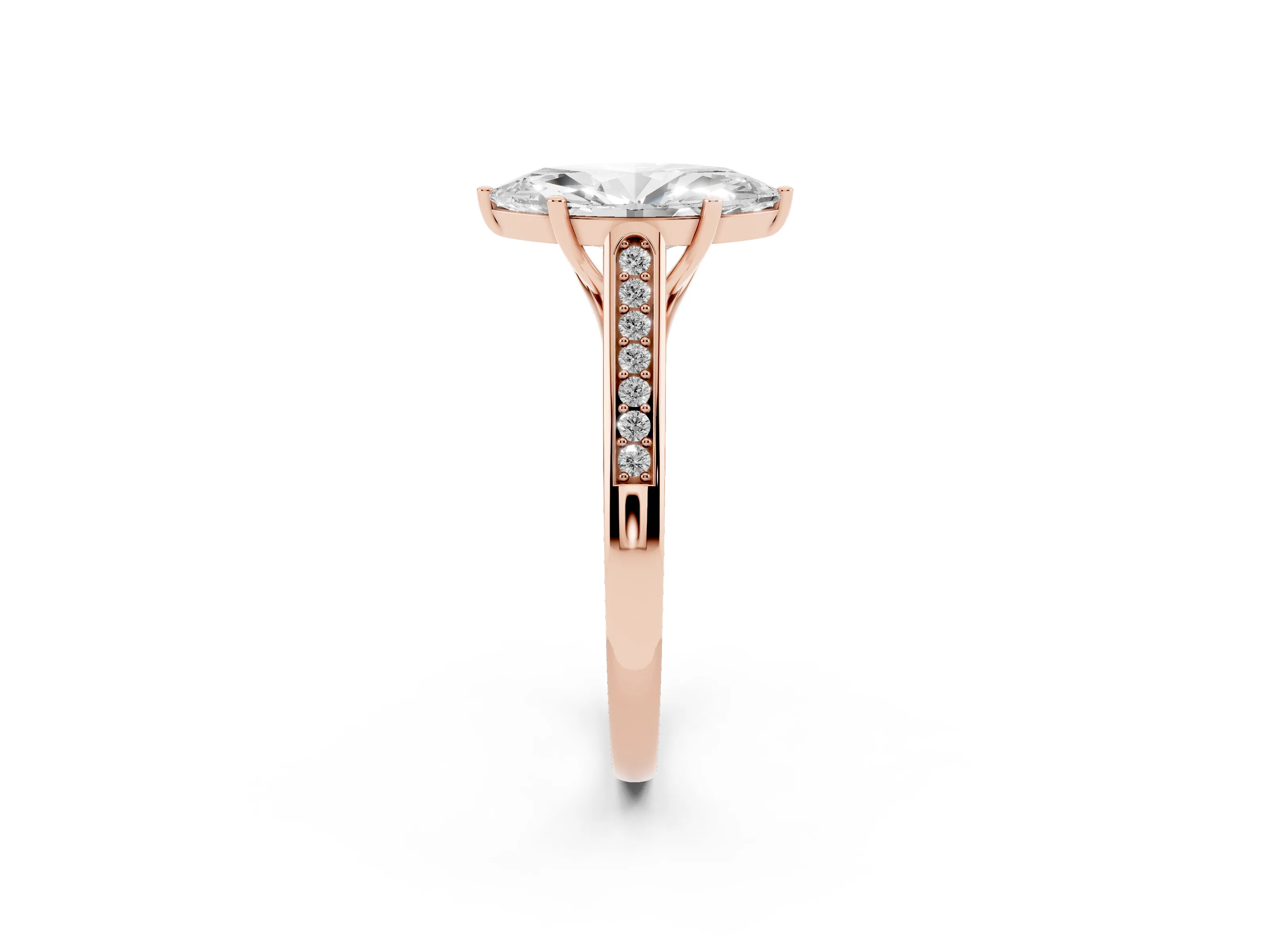 Marquise Cut Diamond Solitaire Cathedral Engagement Ring Set in Rose gold with Channel-Set Band and Prong Setting
