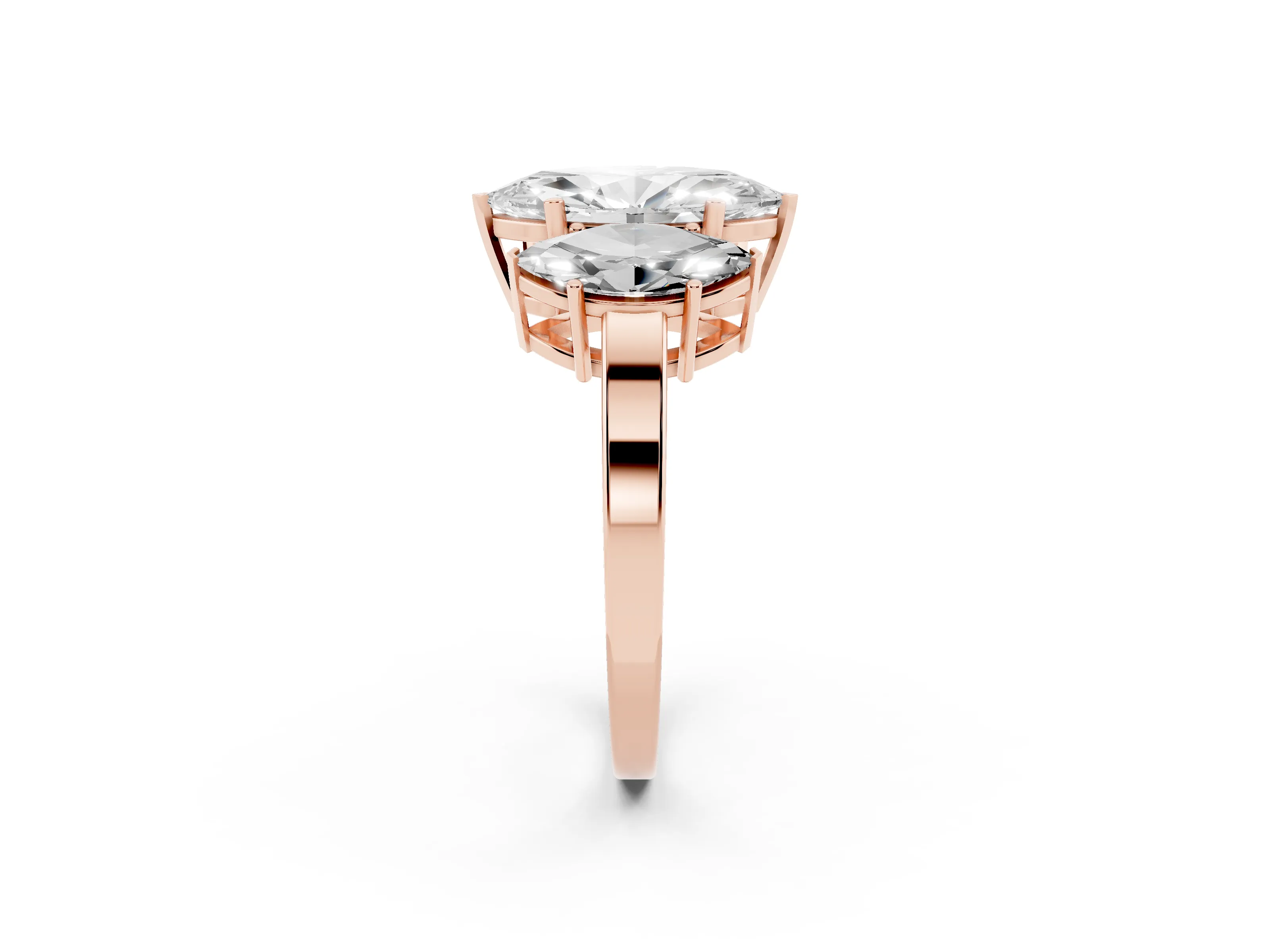Marquise Cut Diamond Three-Stone Engagement Ring Set in Rose gold with Flat Band