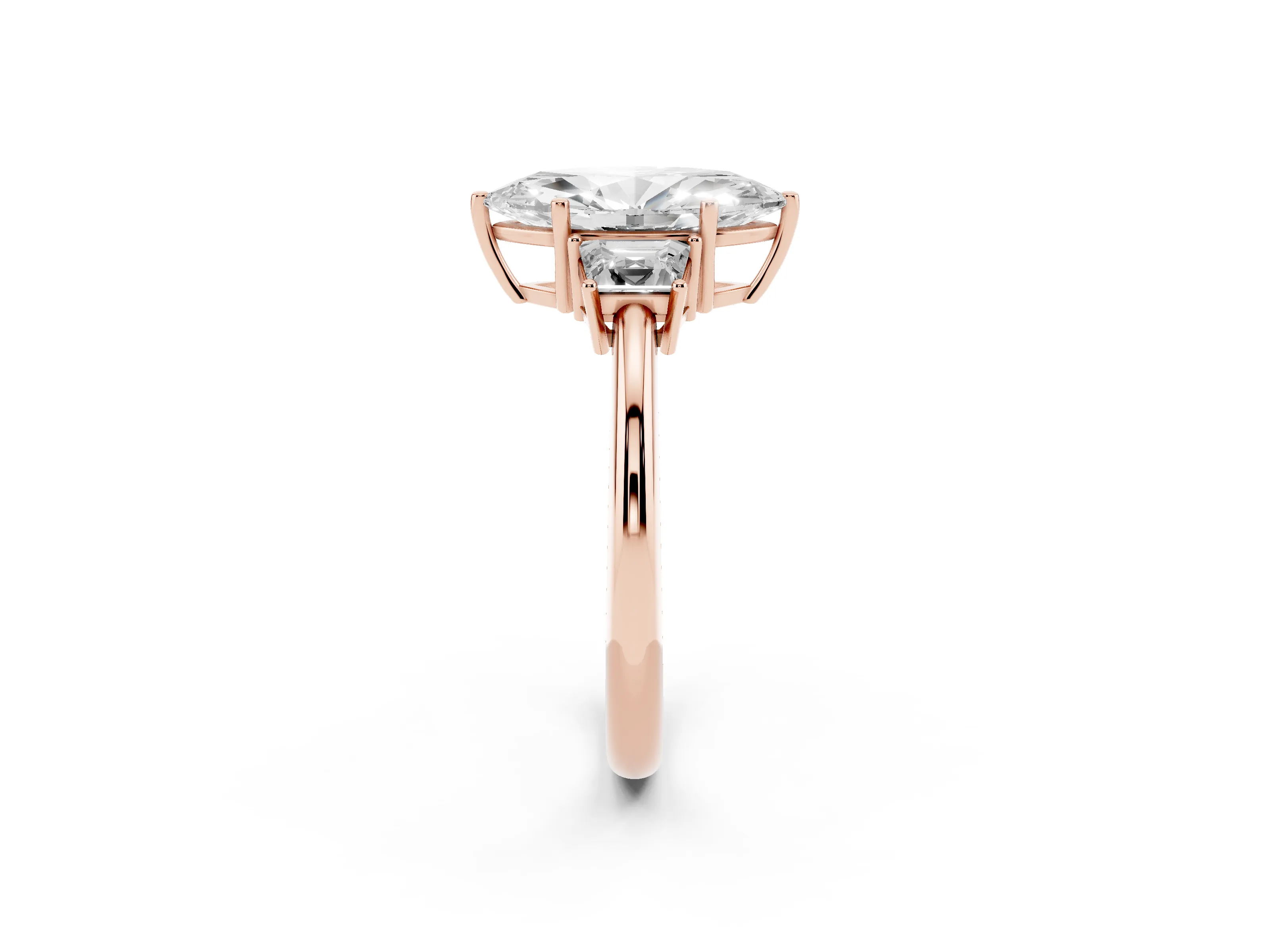 Marquise Cut Diamond Three-Stone Ring Set in Rose gold with Trapezoid Side Stones and Prong Setting