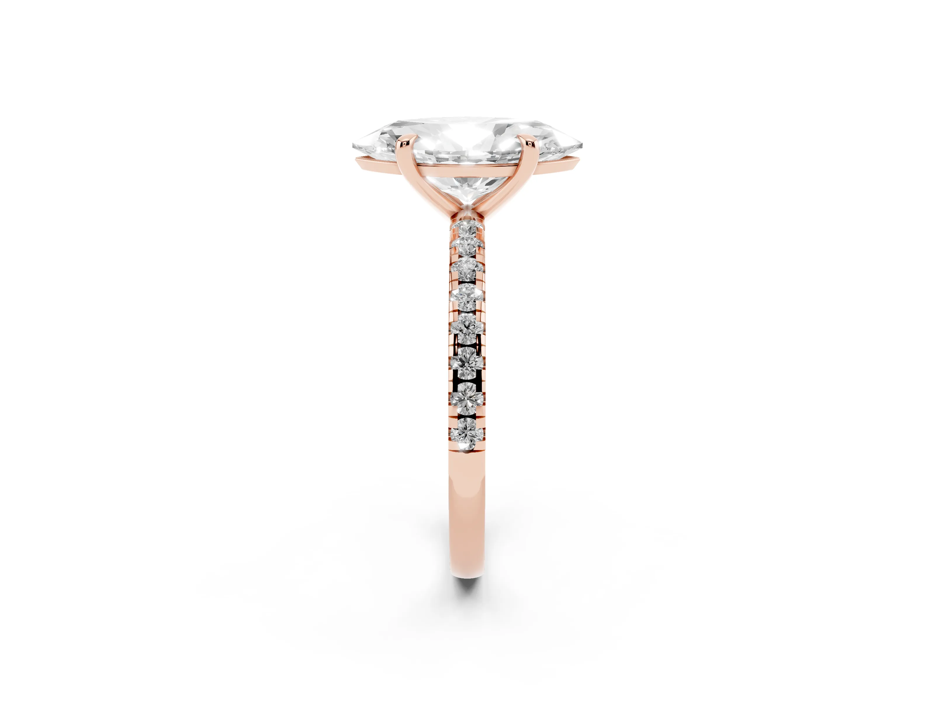 Marquise Cut Diamond Brilliant Solitaire Ring Set in Rose gold with Pavé Band and Prong Setting