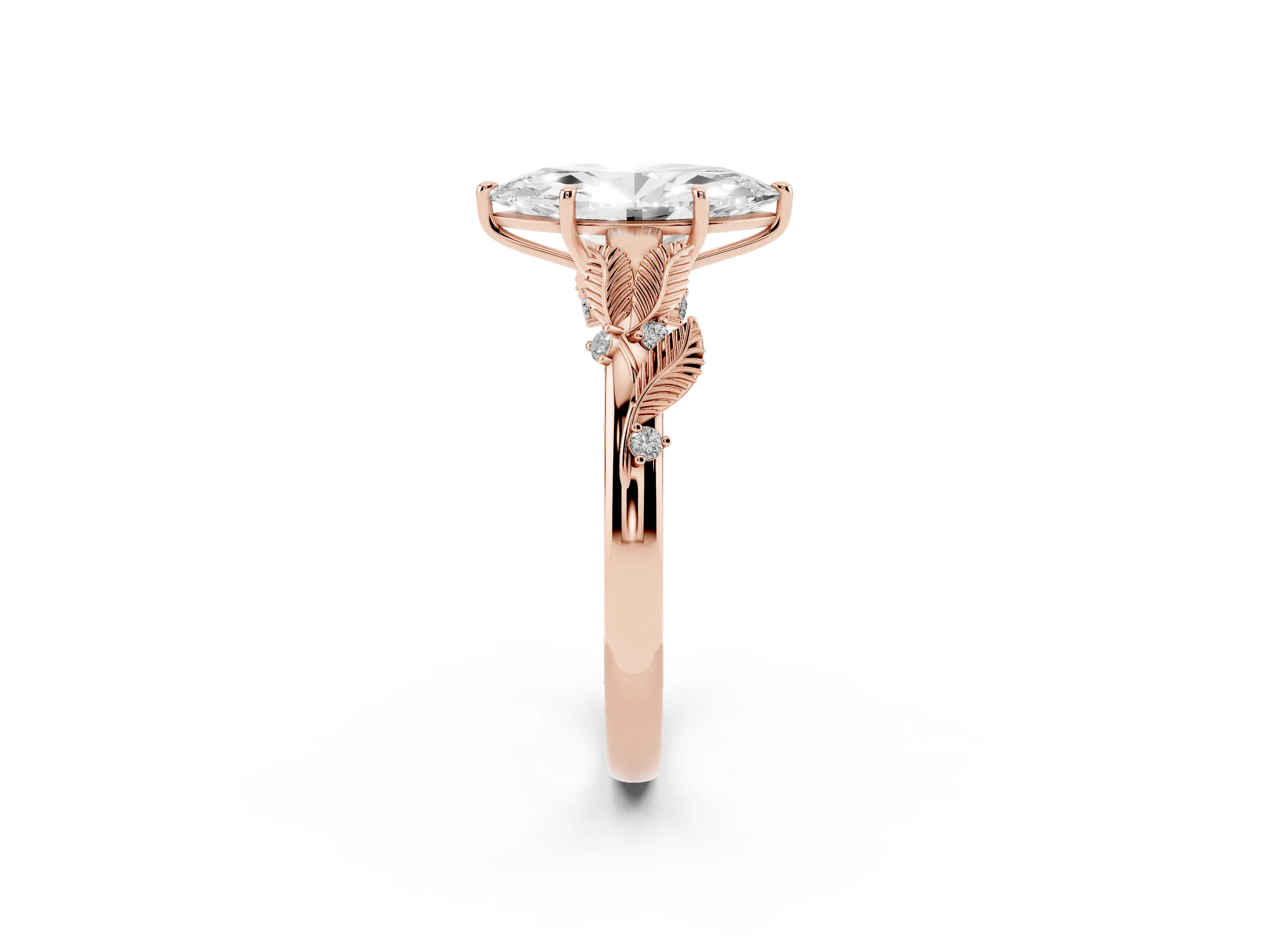 Marquise Cut Diamond Solitaire Ring Set in Rose gold with Leaf Motif Band