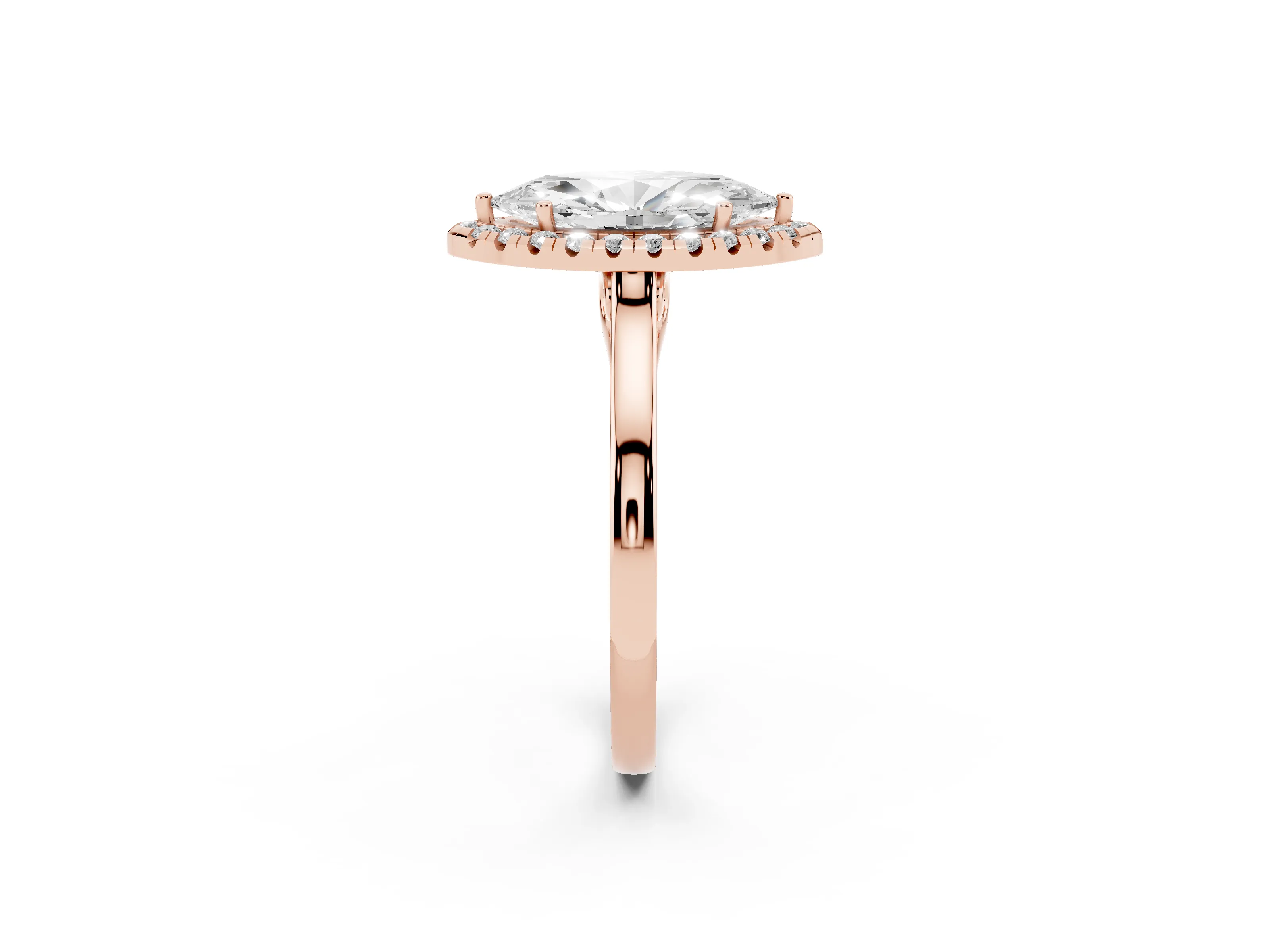Marquise Cut Halo Round Diamond Solitaire Ring Set in Rose gold with Pavé Band and Prong Setting