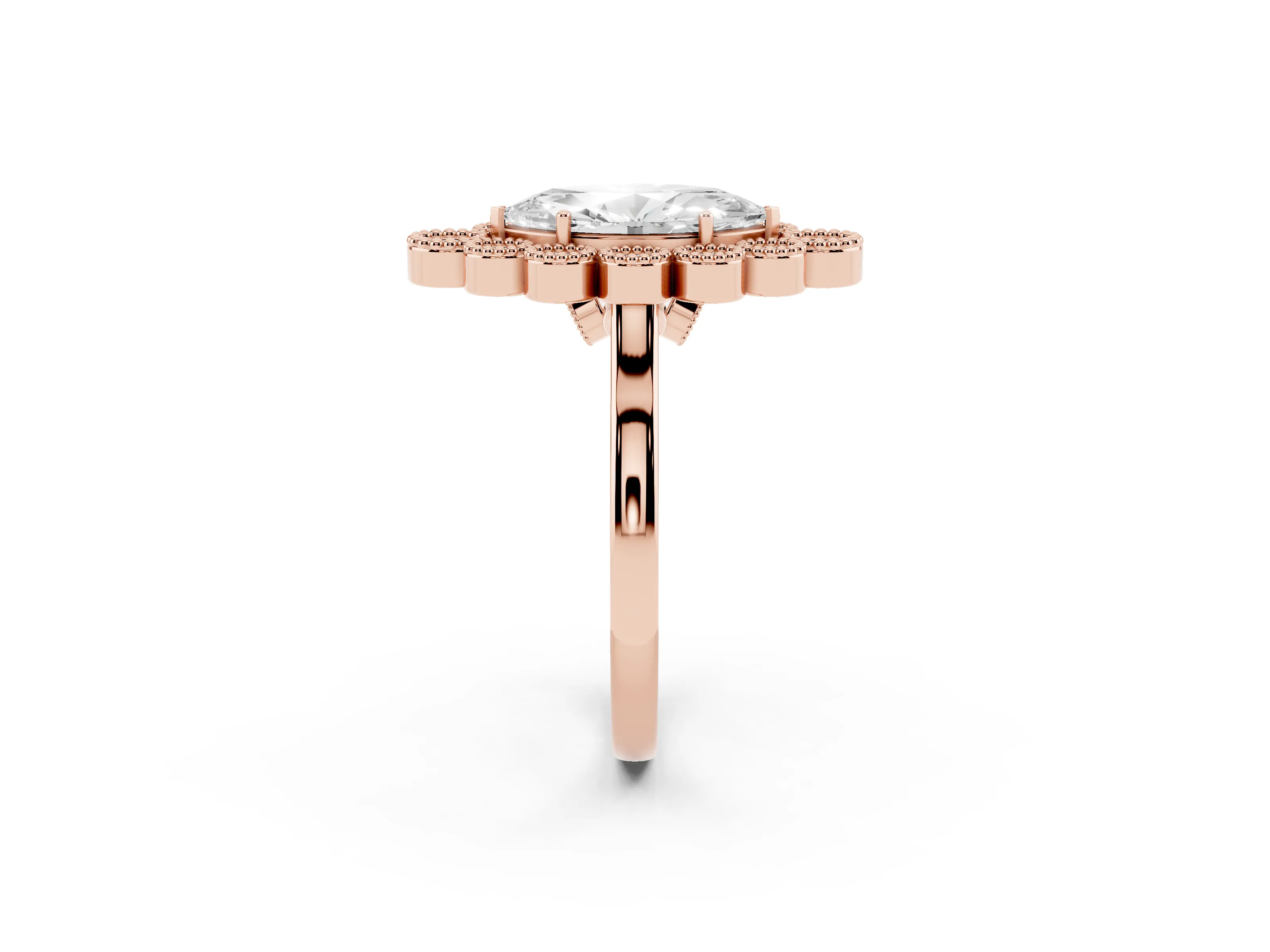 Marquise Cut Diamond Cluster Halo Ring Set in Rose gold with Milgrain Bezel Accents and Plain Band