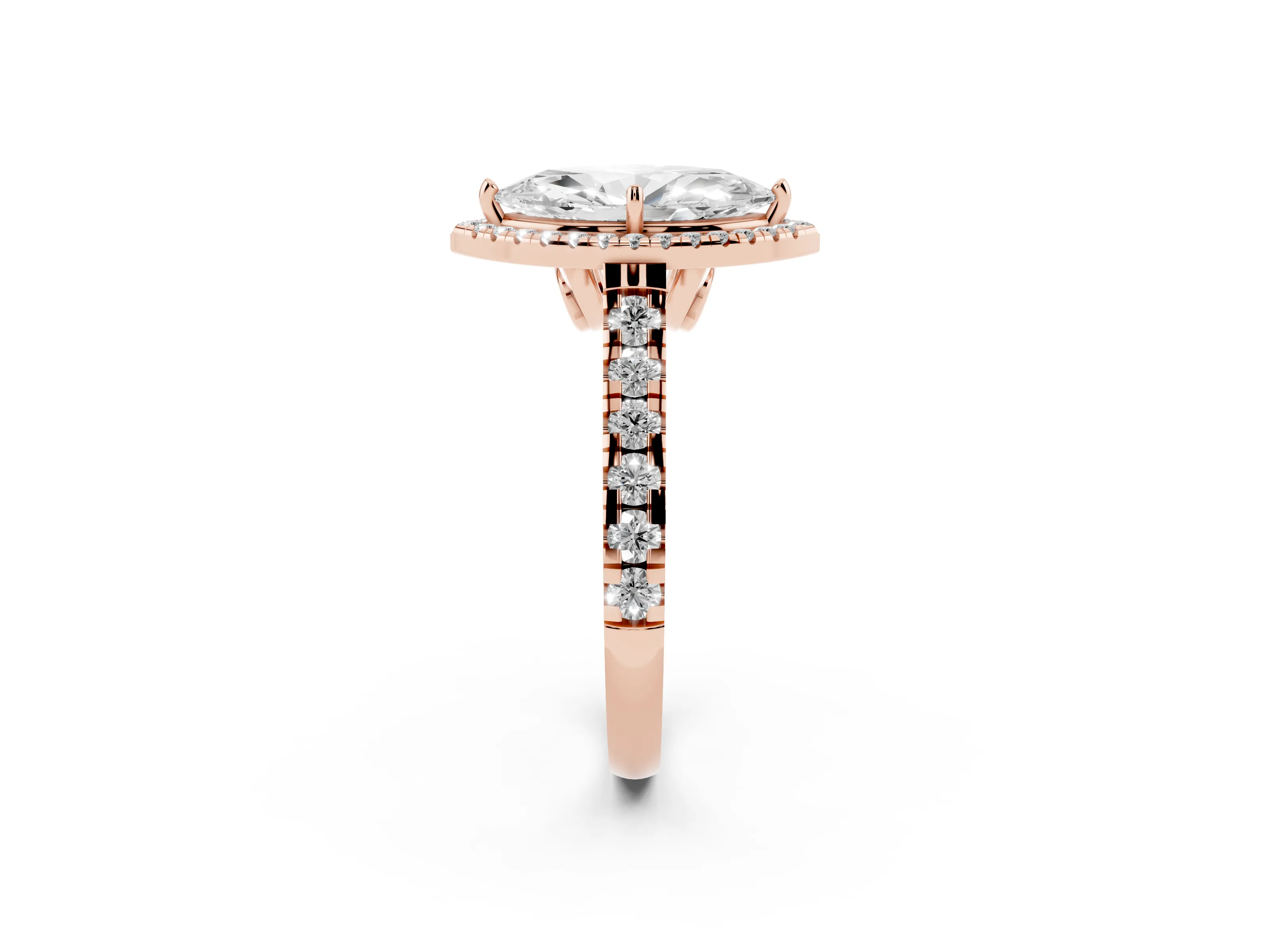 Marquise Cut Diamond Halo Engagement Ring Set in Rose gold with Pavé Band and Prong-Set Center