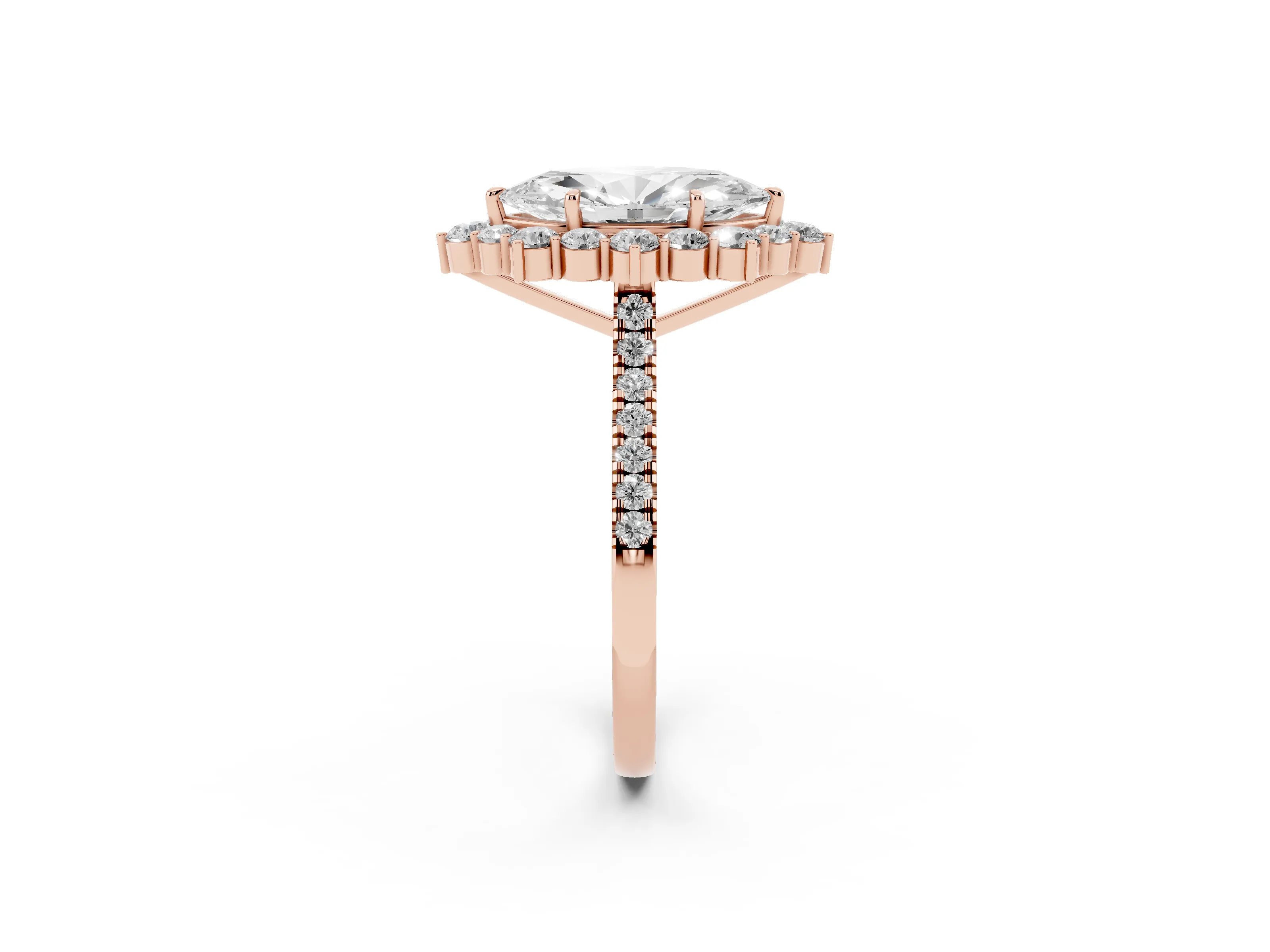 Marquise Cut Diamond Halo Ring Set in Rose gold with Pavé Band and Prong Setting