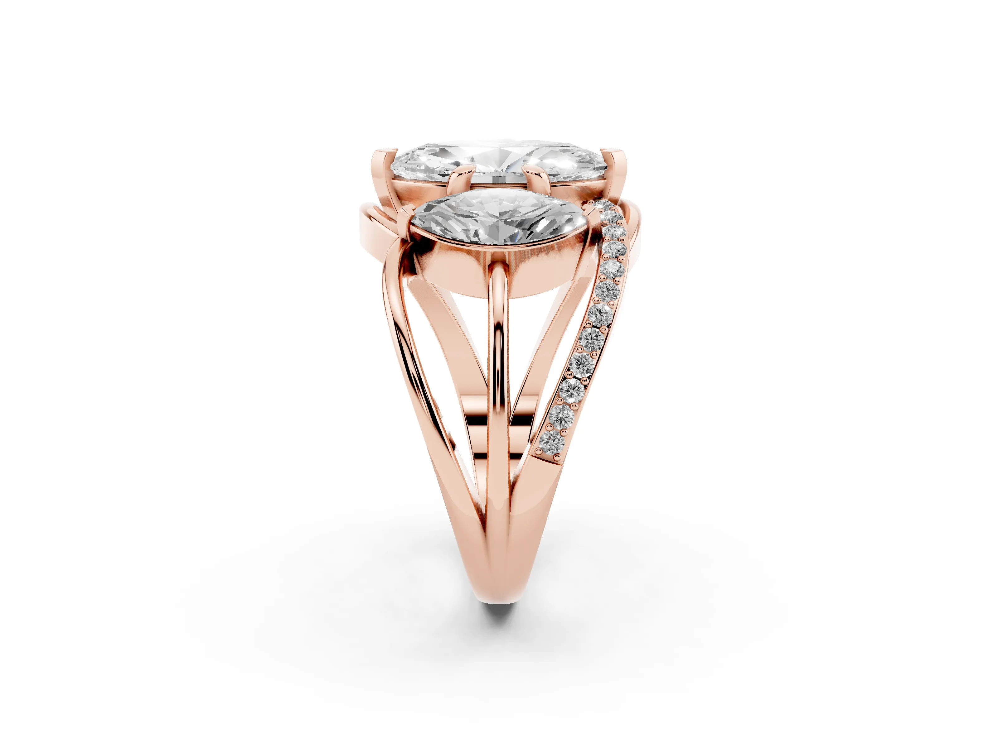 Marquise Cut Diamond Three-Stone Ring Set in Rose gold with Split Shank and Prong Setting