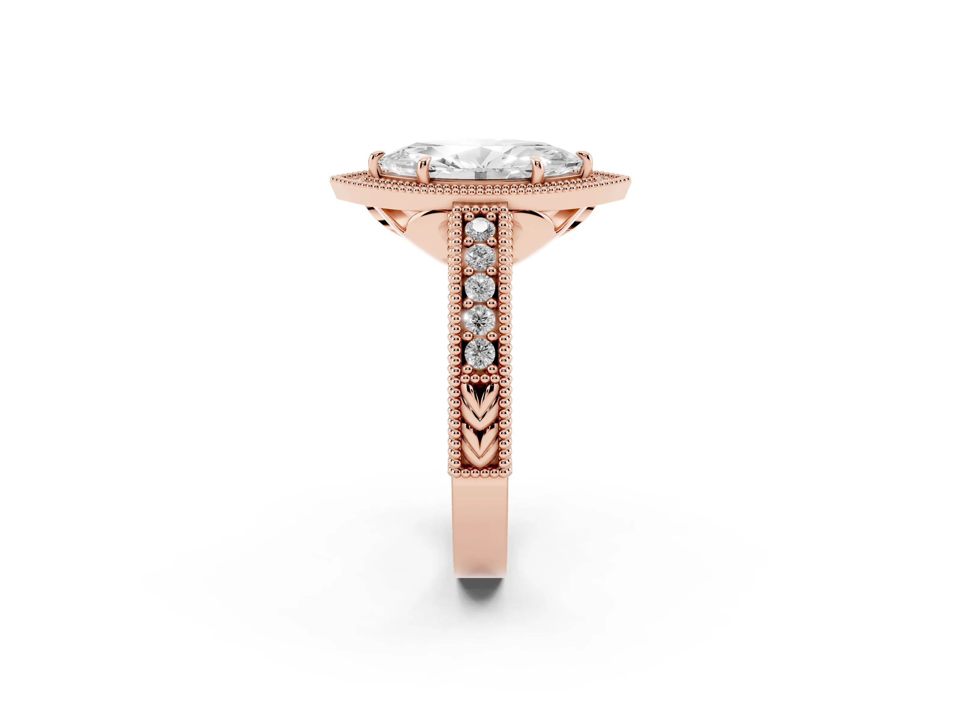 Marquise Cut Diamond Halo Ring Set in Rose gold with Round Accent Halo, Pavé Band and Prong Setting