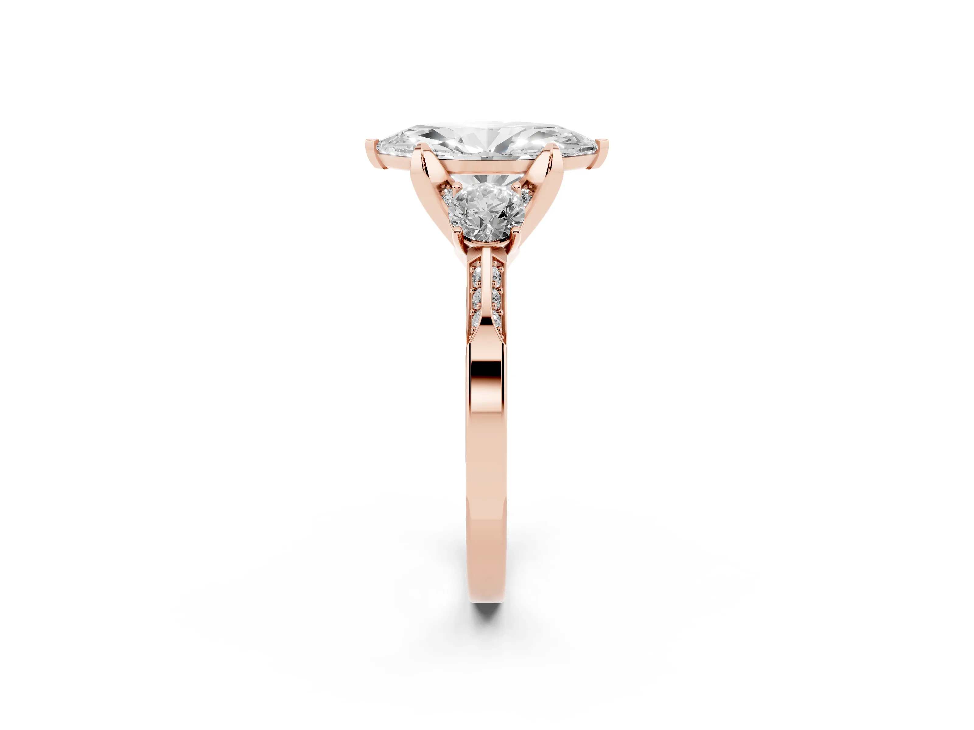 Marquise Cut Diamond Three-Stone Ring Set in Rose gold with Pavé Band and Smaller Side Stones