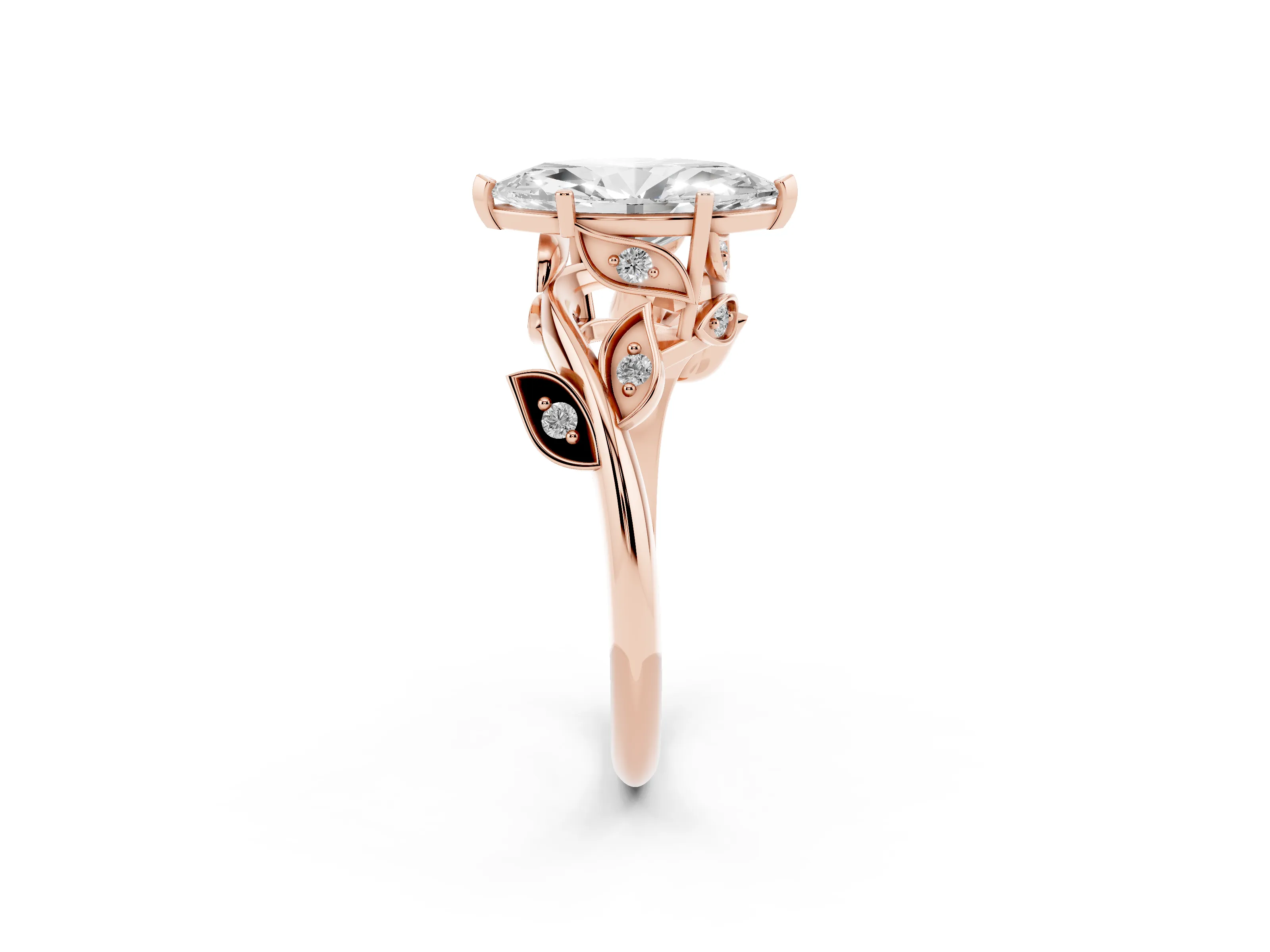 Marquise Cut Diamond Solitaire Twist Engagement Ring Set in Rose gold with Pavé Leaf Accents