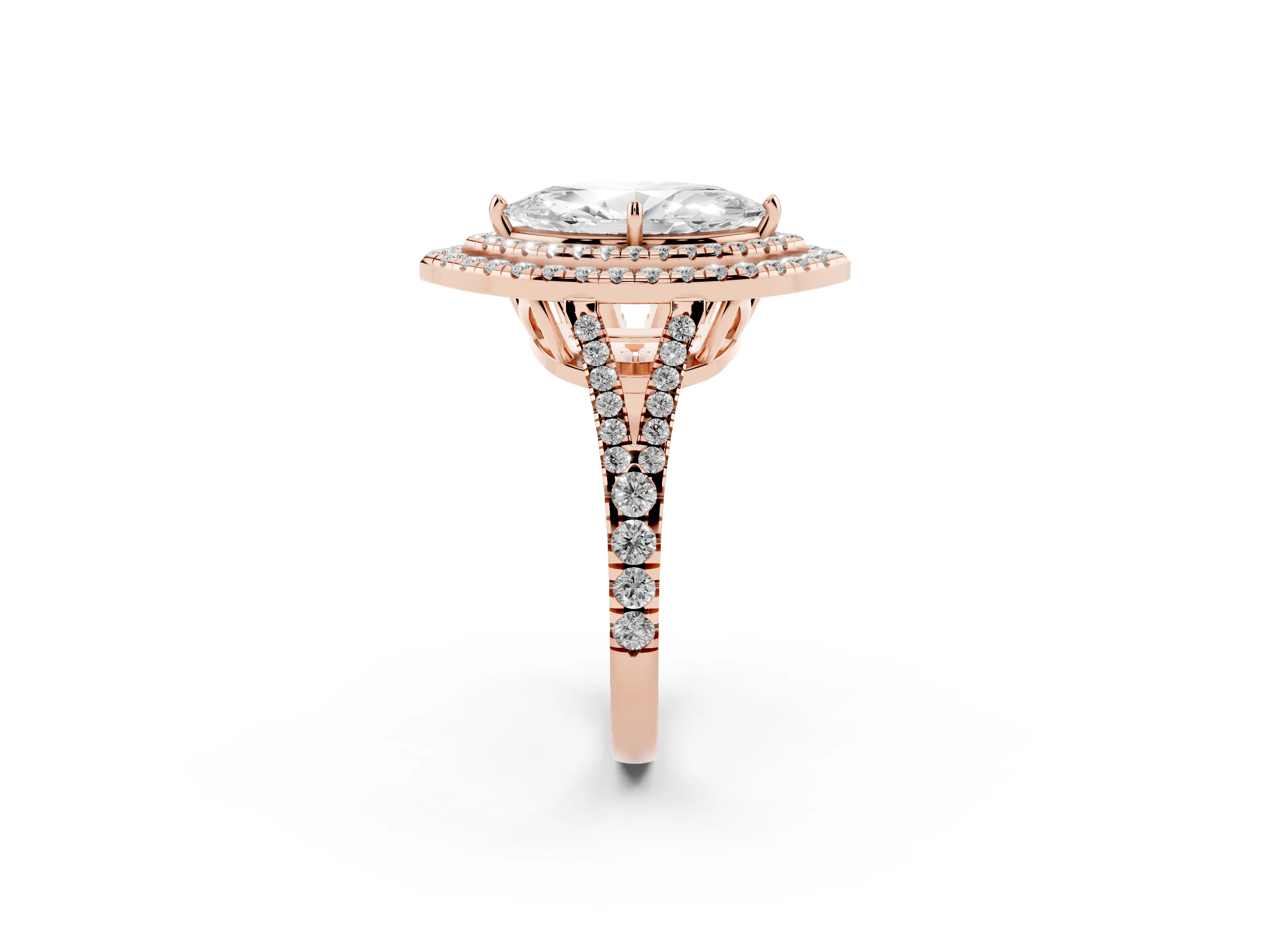 Marquise Cut Diamond Double Halo Ring Set in Rose gold with Pavé Band