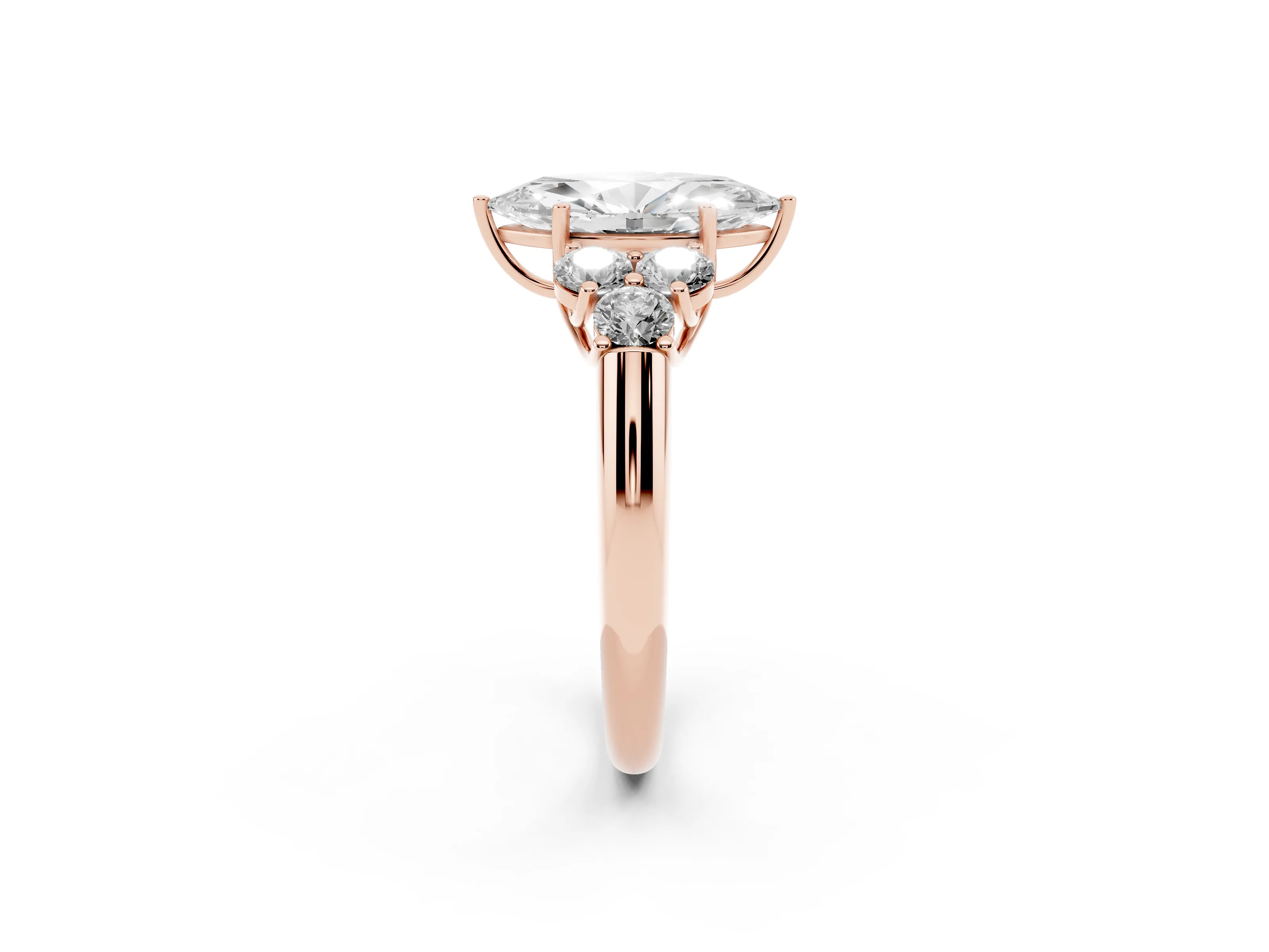 Marquise Cut Diamond Cluster Ring Set in Rose gold with Round Accent Stones and Prong Setting on a Plain Band
