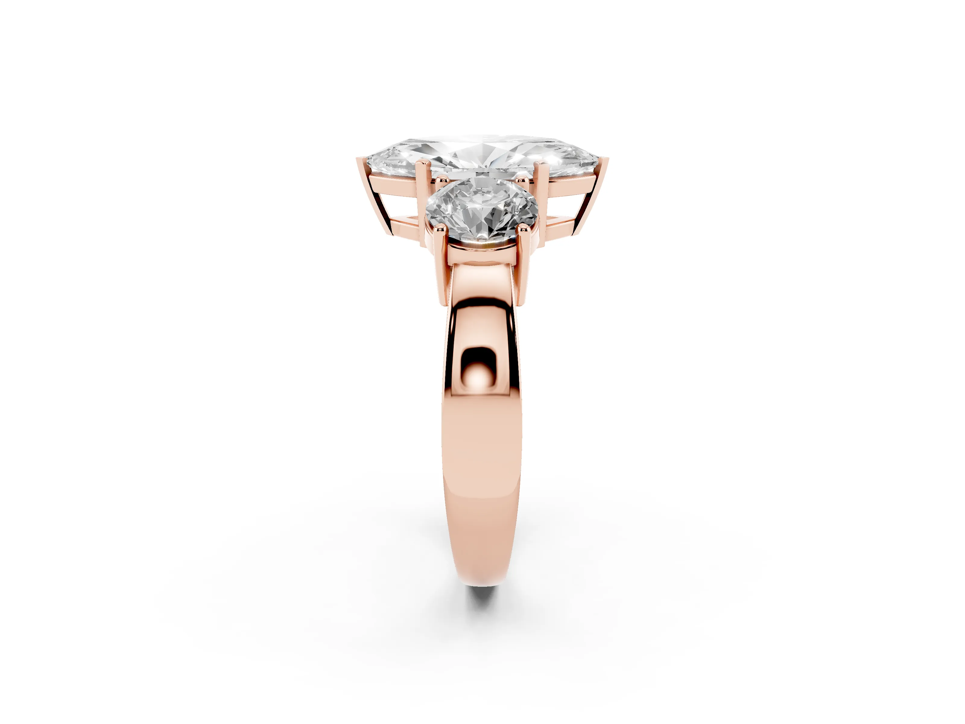 Marquise Cut Diamond Three-Stone Ring Set in Rose gold with Round Side Stones and Classic Band