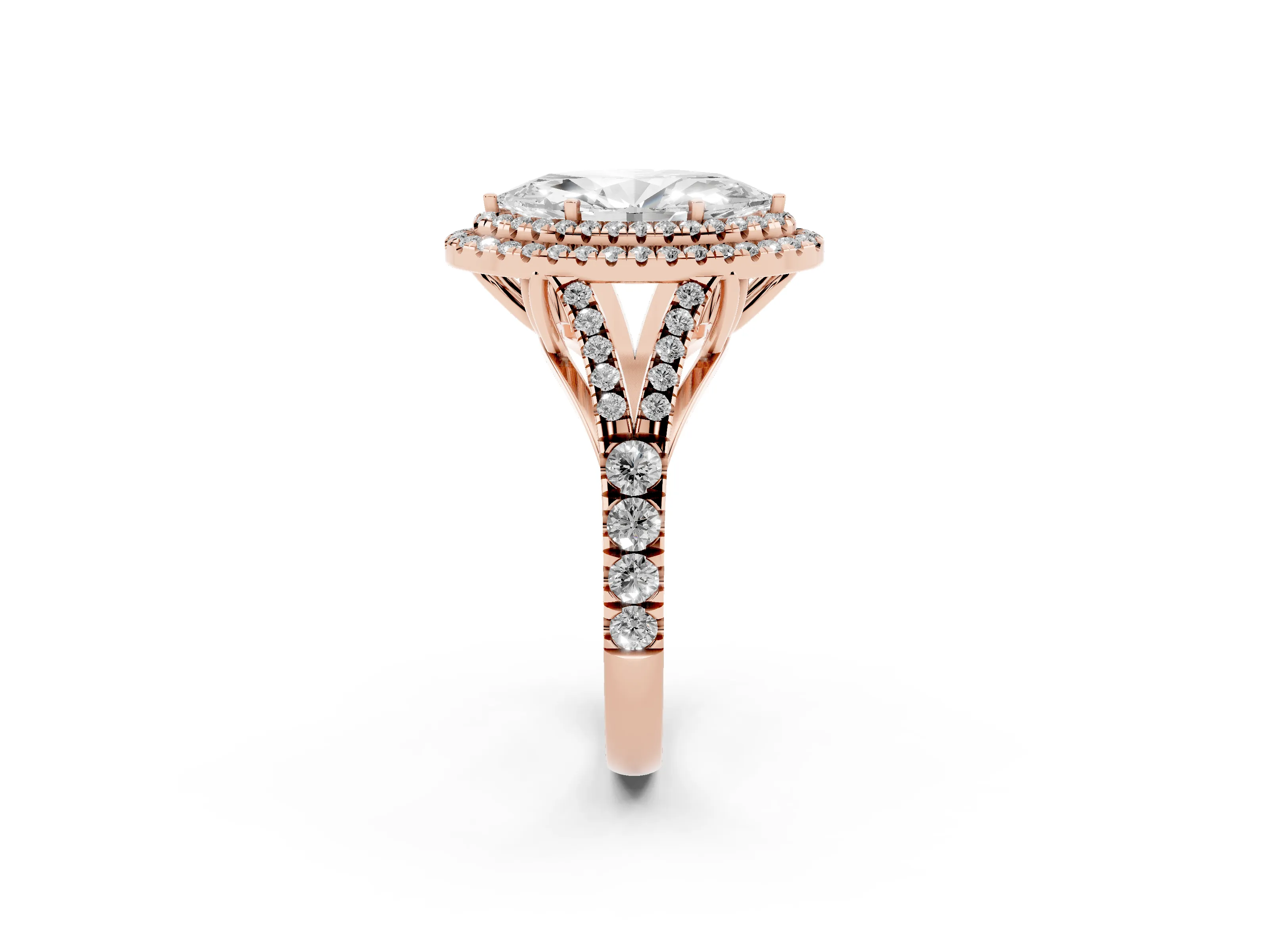 Marquise Cut Diamond Pavé Split Shank Double Halo Engagement Ring Set in Rose gold