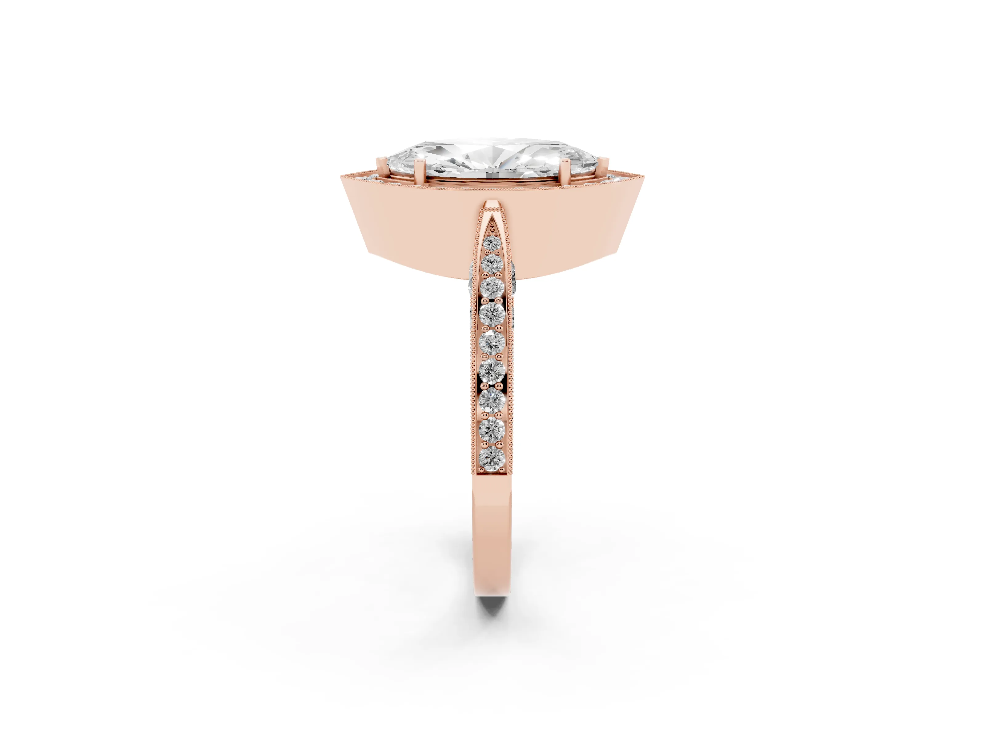 Marquise Cut Diamond Halo Engagement Ring Set in Rose gold with Accent Split Shank Band