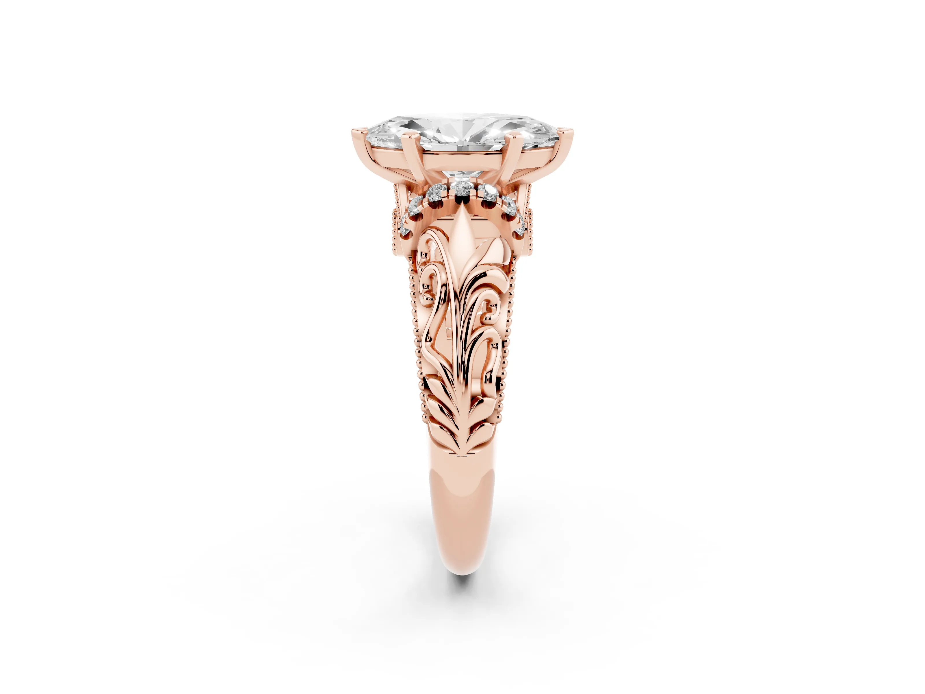 Marquise Cut Diamond Filigree Halo Engagement Ring Set in Rose gold with Prong Setting