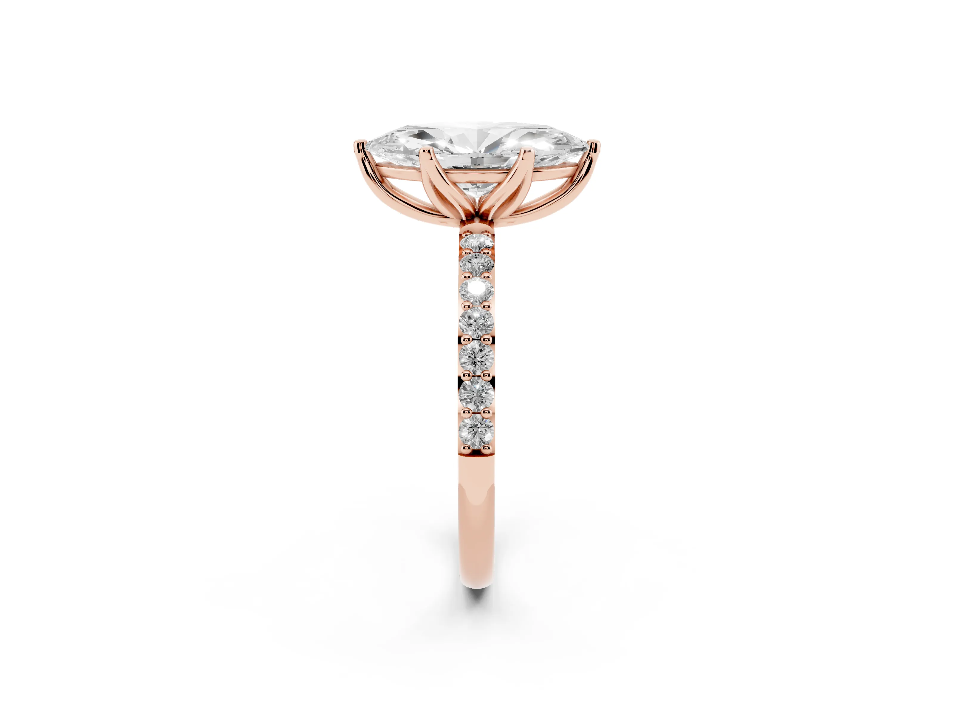 Marquise Cut Diamond Solitaire Engagement Ring Set in Rose gold with Round Pavé Band and Prong Setting