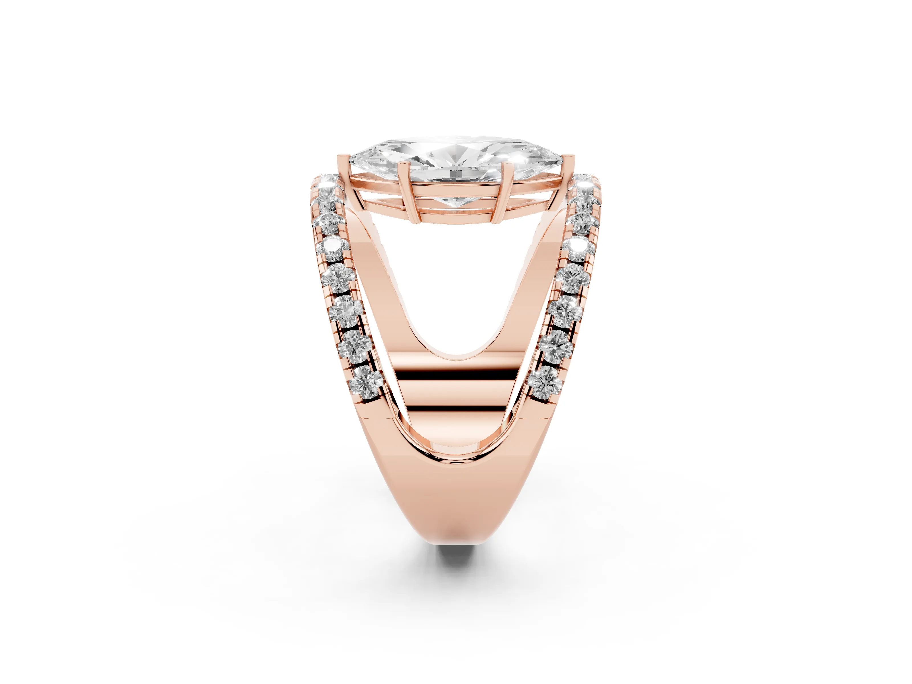 Marquise Cut Diamond Split Shank Pavé Solitaire Ring Set in Rose gold with Open Shank Design