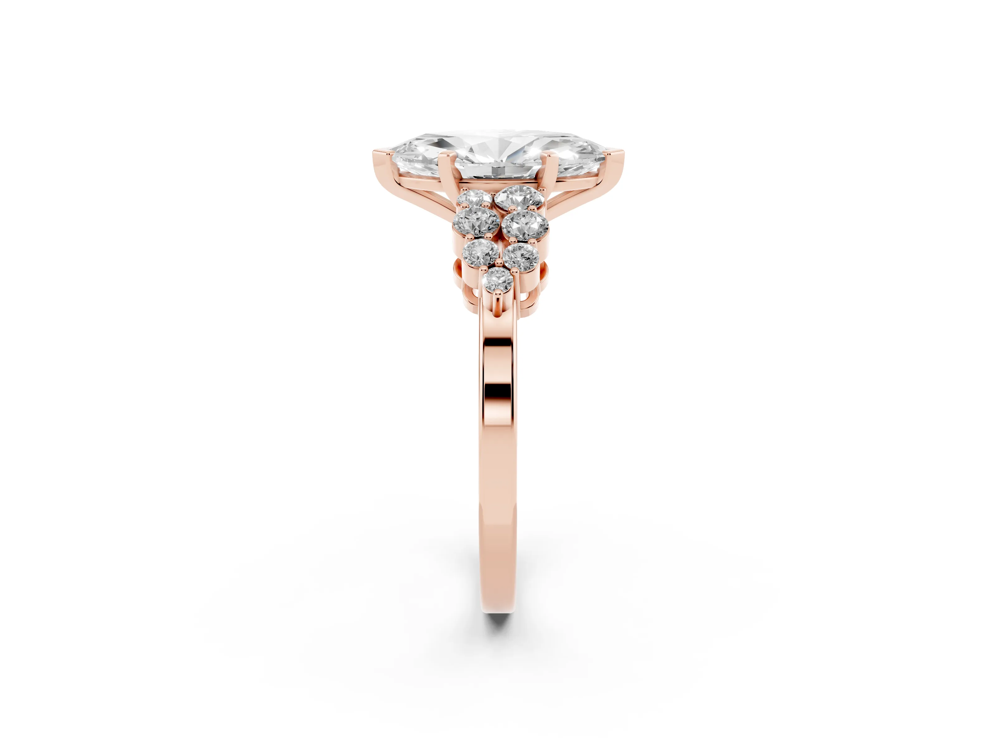 Marquise Cut Diamond Cluster Engagement Ring Set in Rose gold with Pavé Band and Prong Setting