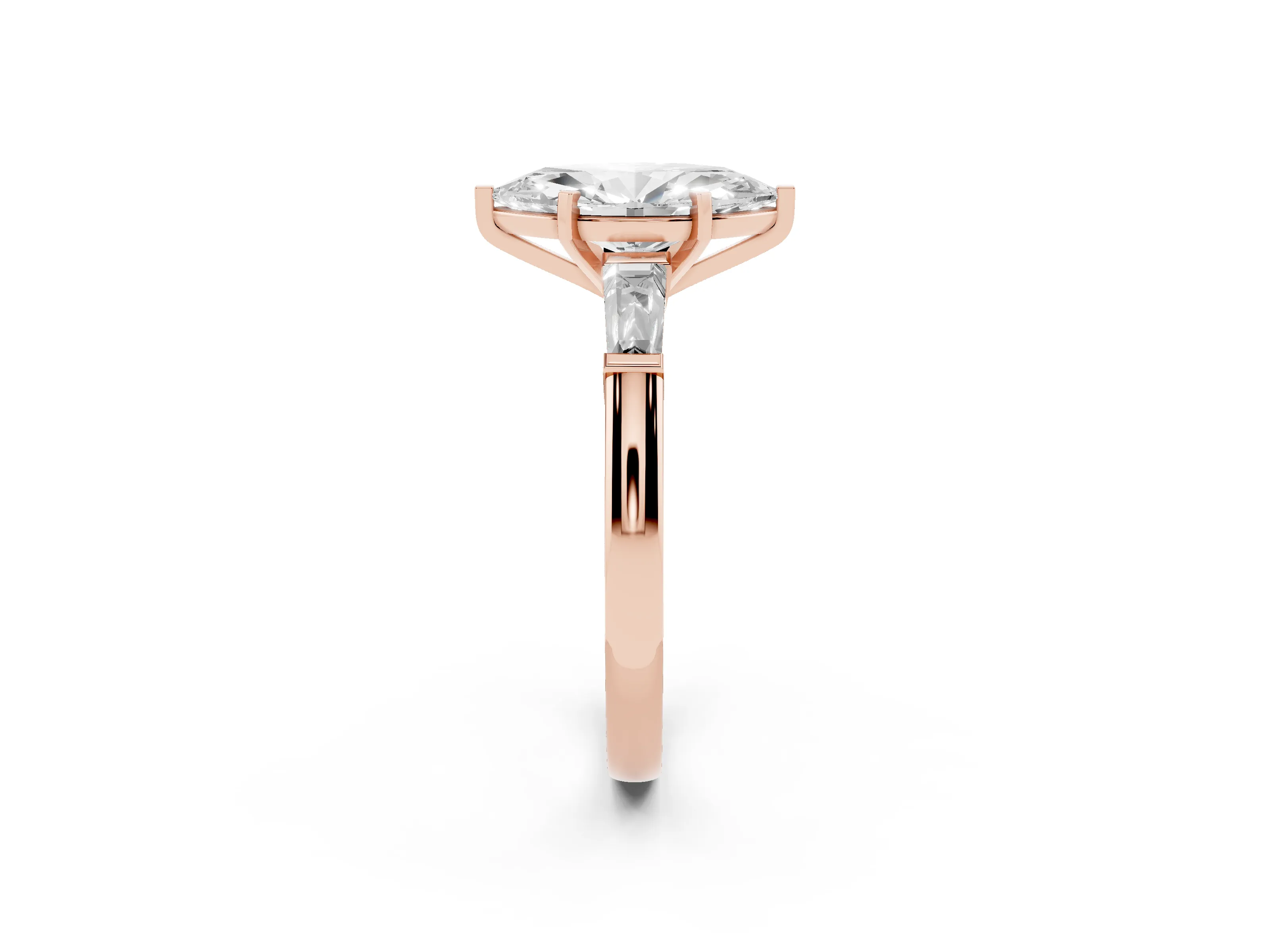 Marquise Cut Diamond Solitaire Ring Set in Rose gold with Tapered Baguette Side Stones and Prong Setting