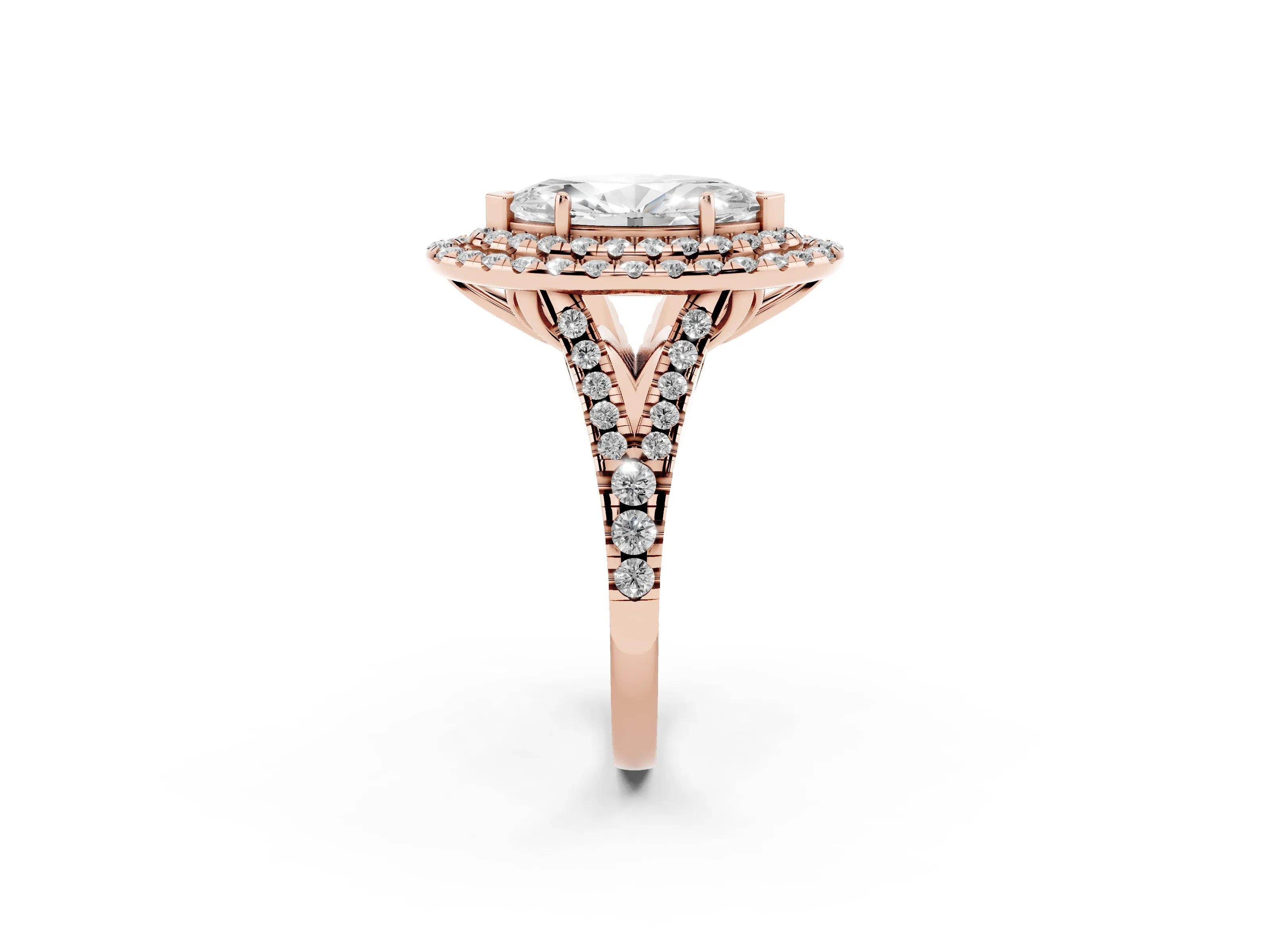 Marquise Cut Diamond Double Halo Ring Set in Rose gold with Pavé Split Shank and Prong Setting