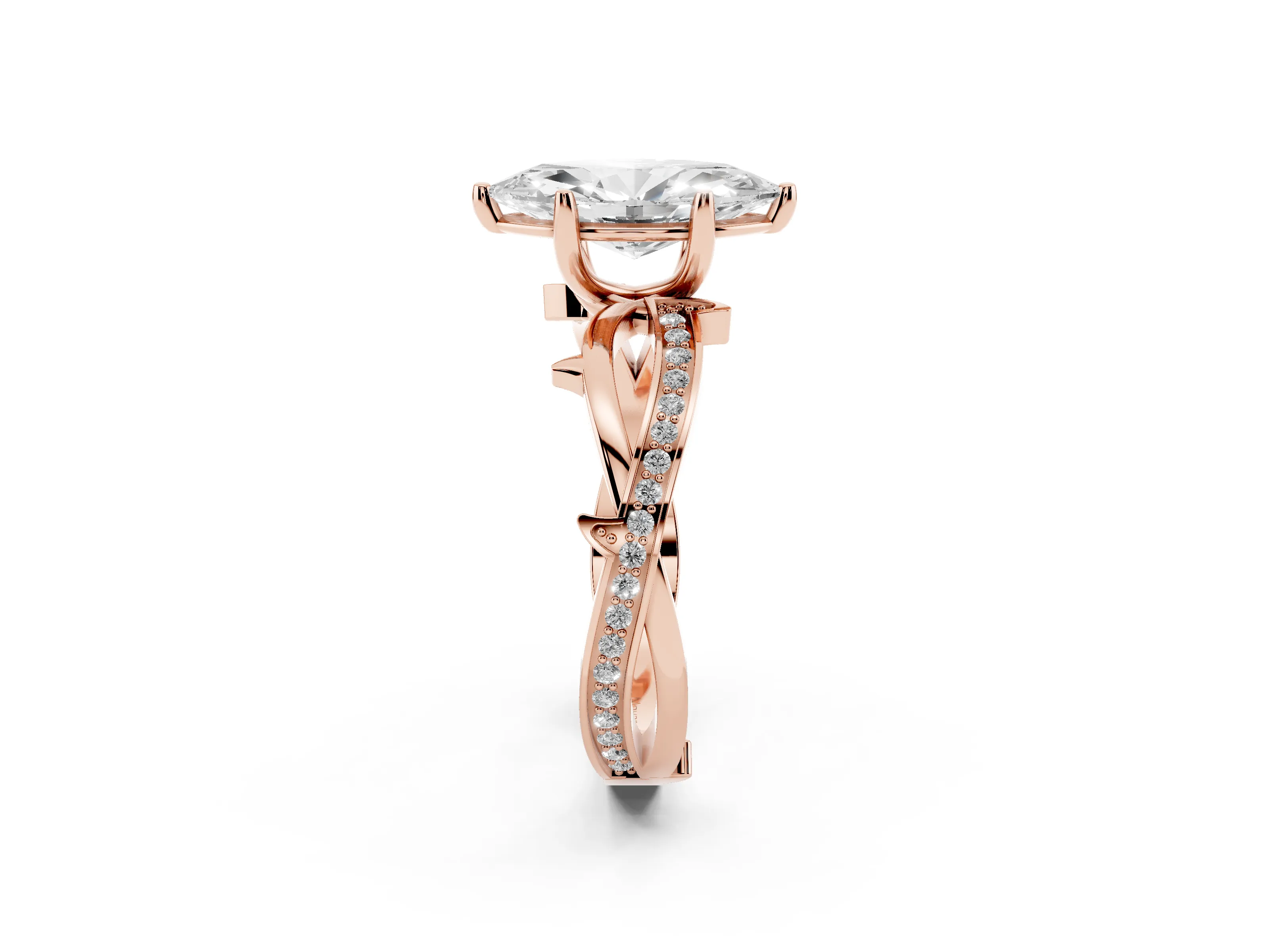 Marquise Cut Diamond Pavé Twist Band Solitaire Ring Set in Rose gold with Prong Setting
